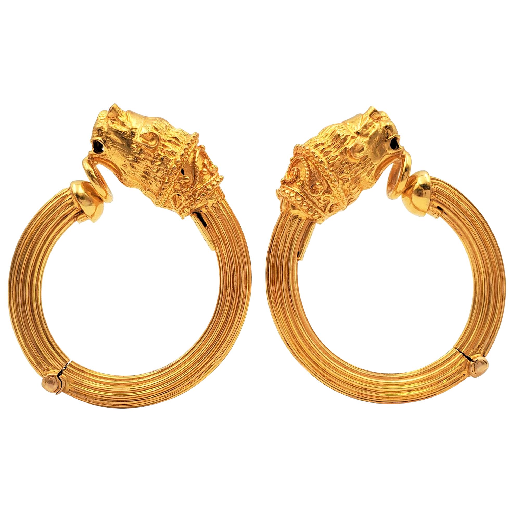 Lalaounis Gold Lion Head Chimera Hoop Earrings