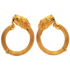 Vintage Lalaounis Gold Lion Head Chimera Hoop Earrings