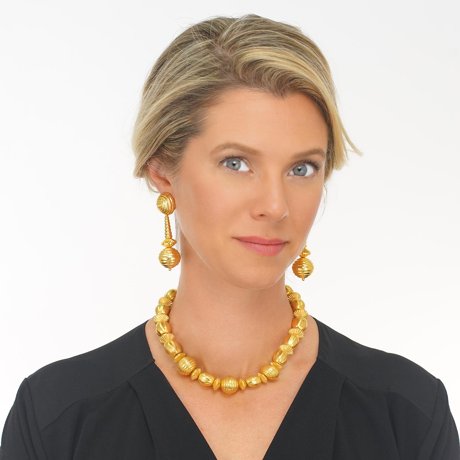 Circa 1960s, 22k, Ilias Lalaounis, Greece.   This boldly stylish gold necklace by Lalaounis revives classic Mycenaean motifs for a look that is as chic as it is timeless. Ilias Lalaounis' vision to create jewelry based on classical, archaic, and