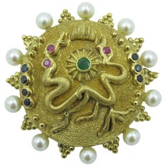 Lalaounis Gold, Pearl and Gem Set Brooch
