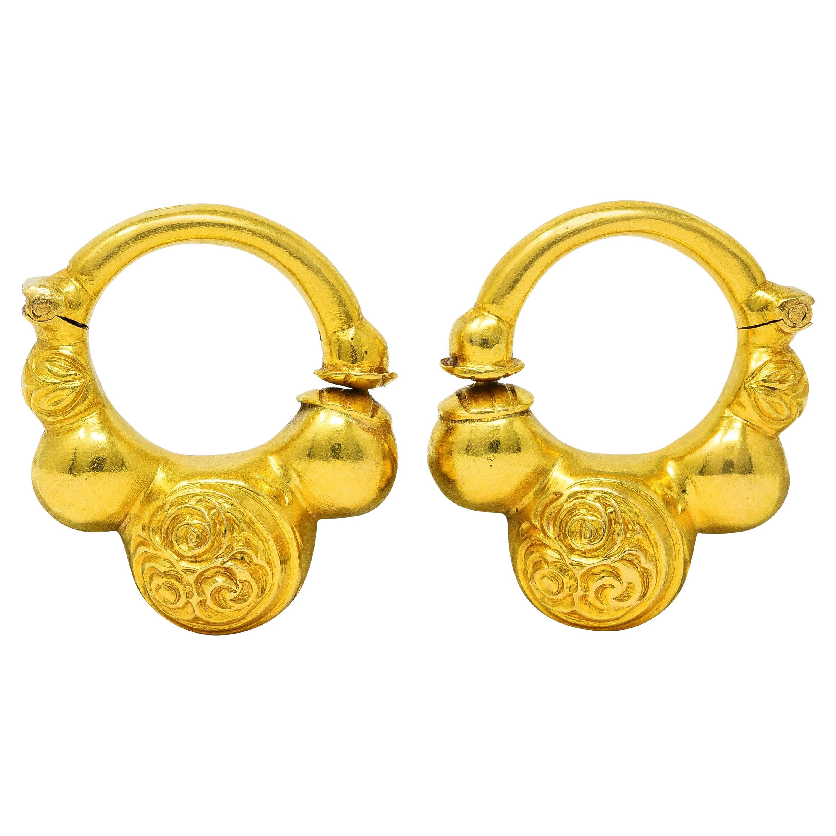 LaLaounis Greece 18 Karat Yellow Gold Rose Hoop Earrings