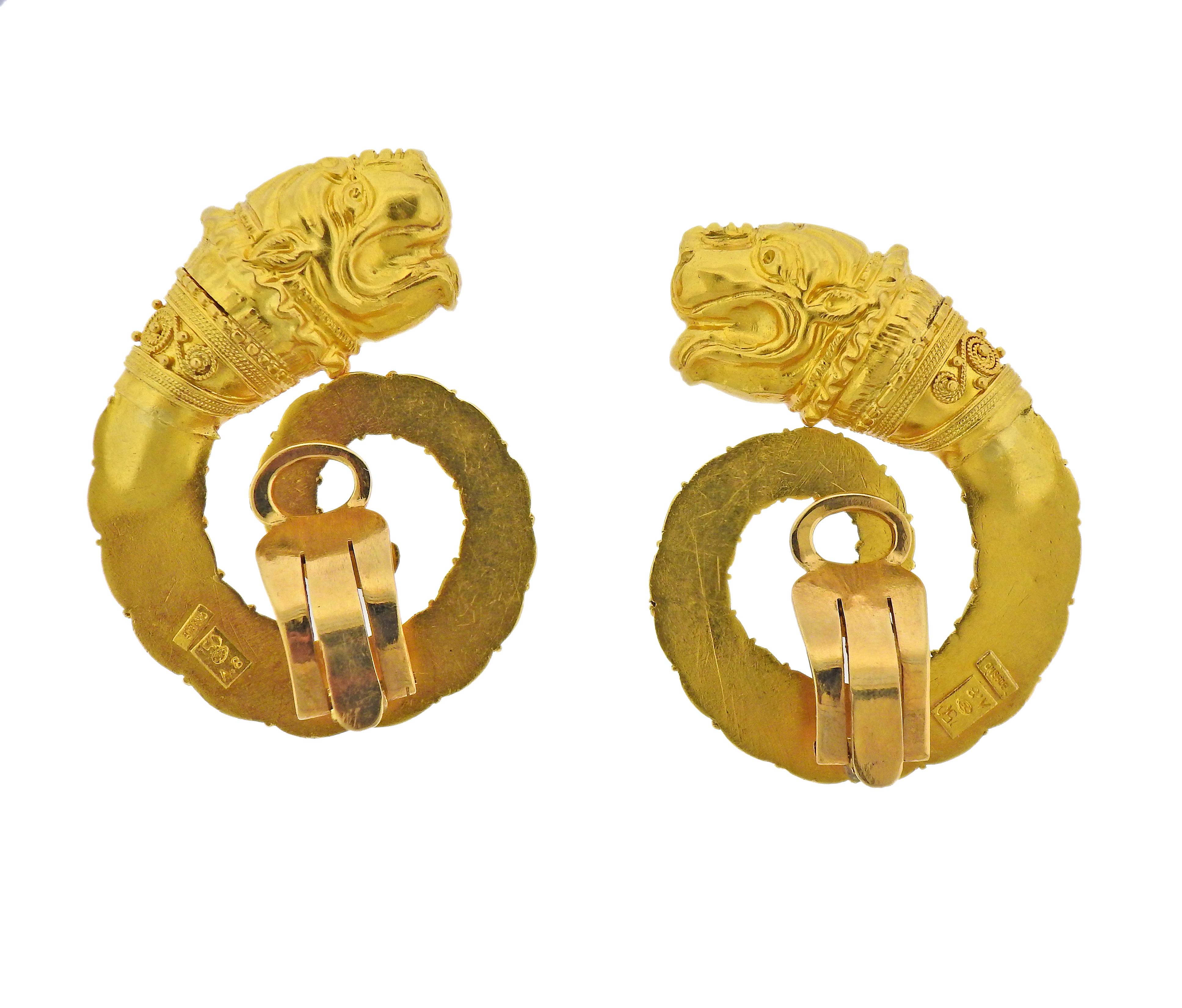 Pair of large Chimera earrings by Ilias Lalaounis, in 18k yellow gold. Earrings are 45mm x 35mm.  Marked:  750, Maker's mark, A.8. Weight - 28.8 grams. 