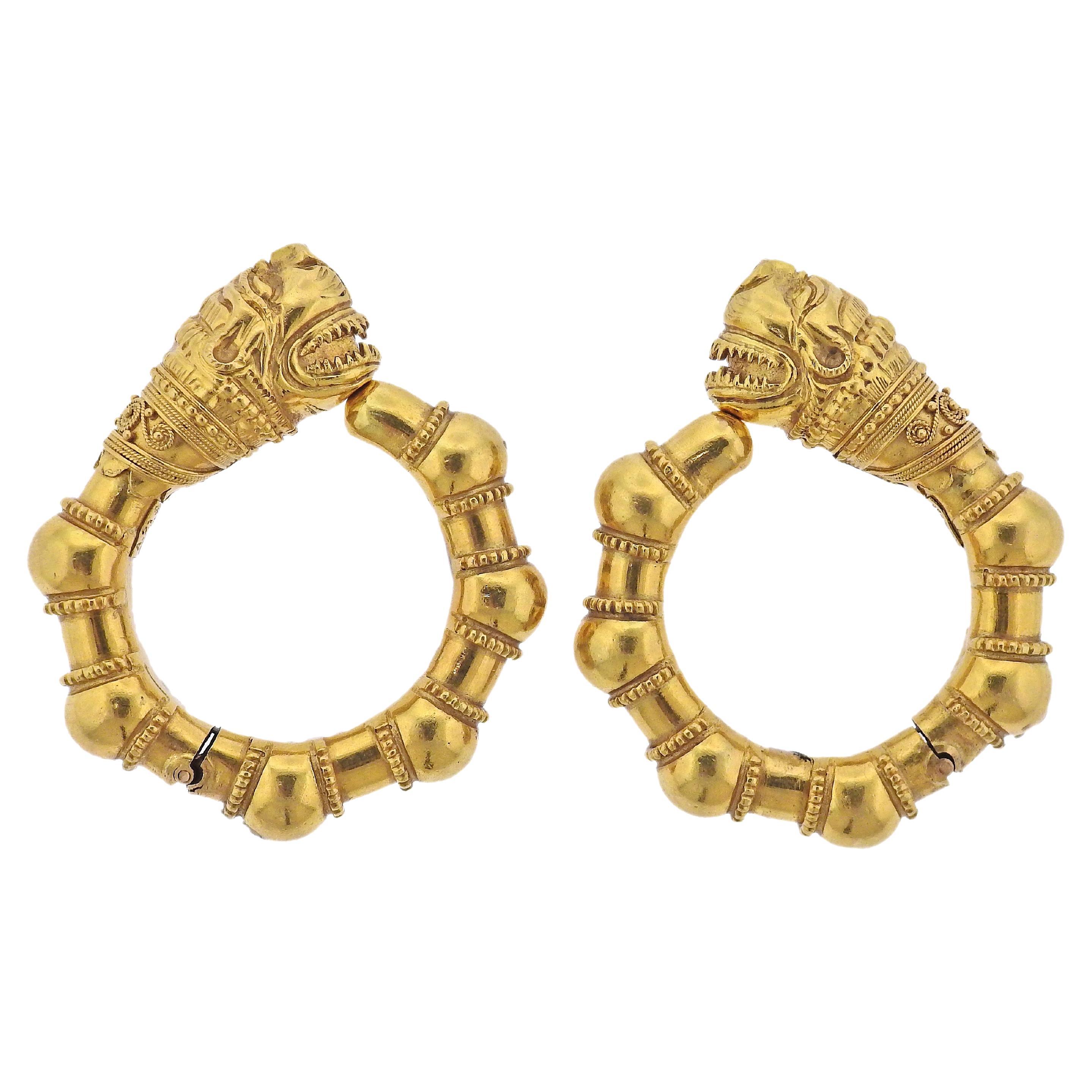 Lalaounis Greece Chimera Gold Hoop Earrings For Sale