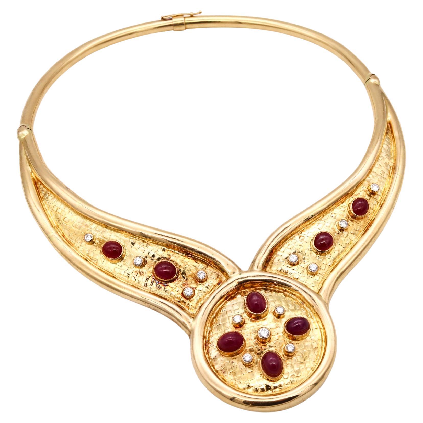 Lalaounis Greece Choker Necklace 18Kt Yellow Gold With 16.67 Cts Diamonds Rubies