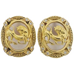 Lalaounis Greece Diamond Frosted Crystal Gold Earrings