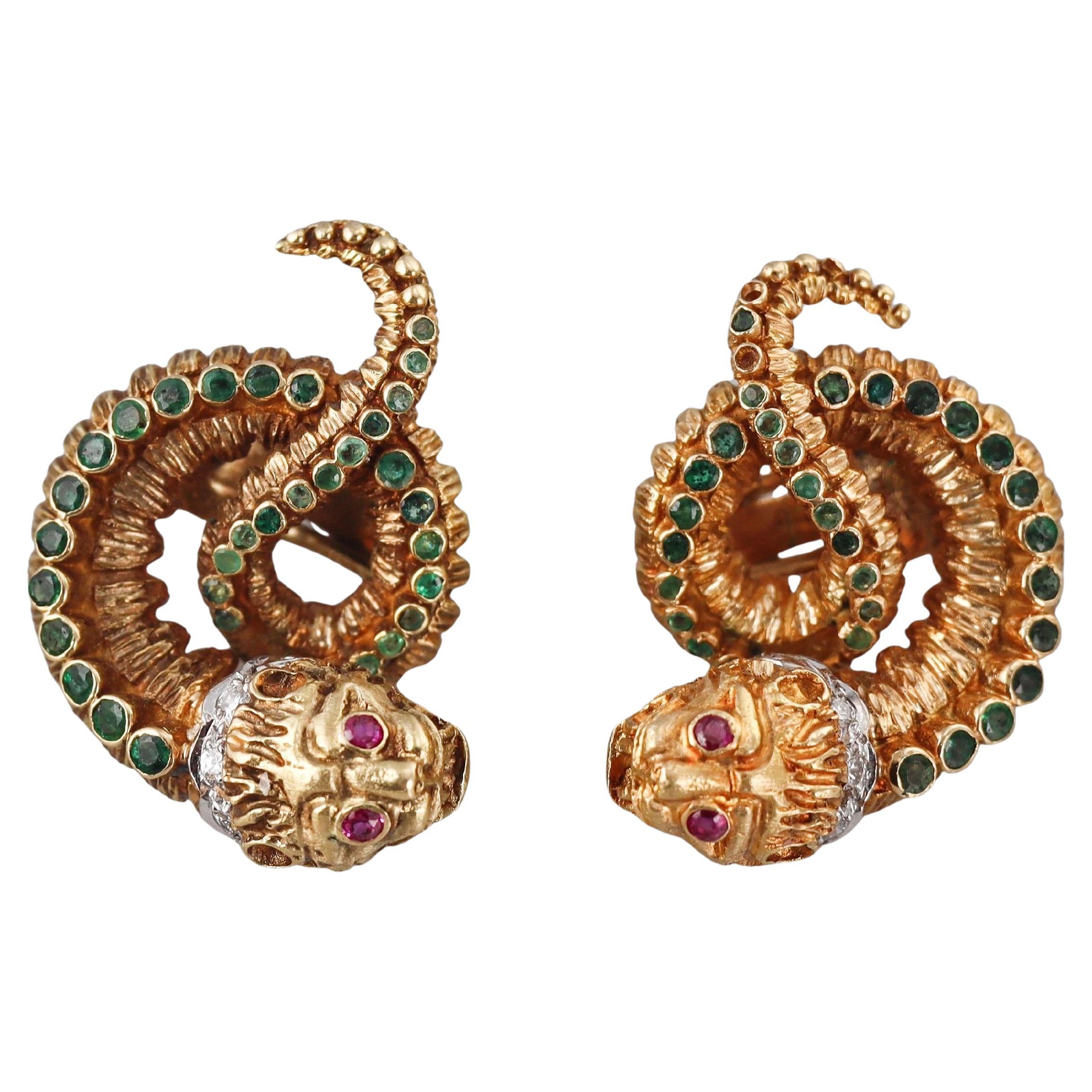 Lalaounis Greece Emerald Diamond Ruby 18k Gold Chimera Earrings