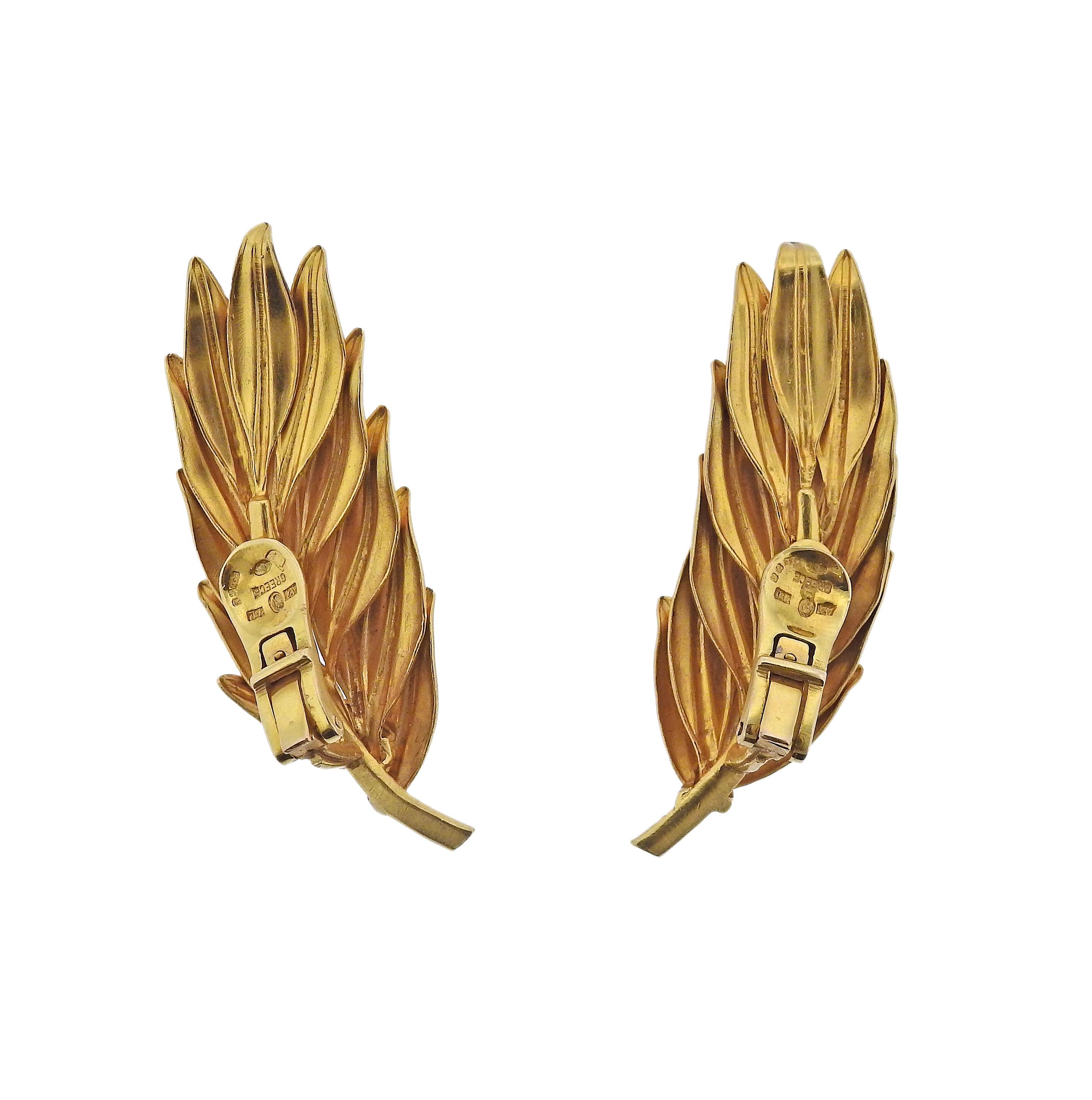 Pair of large 18k gold feather motif earrings by Ilias Lalaounis. Earrings measure 2