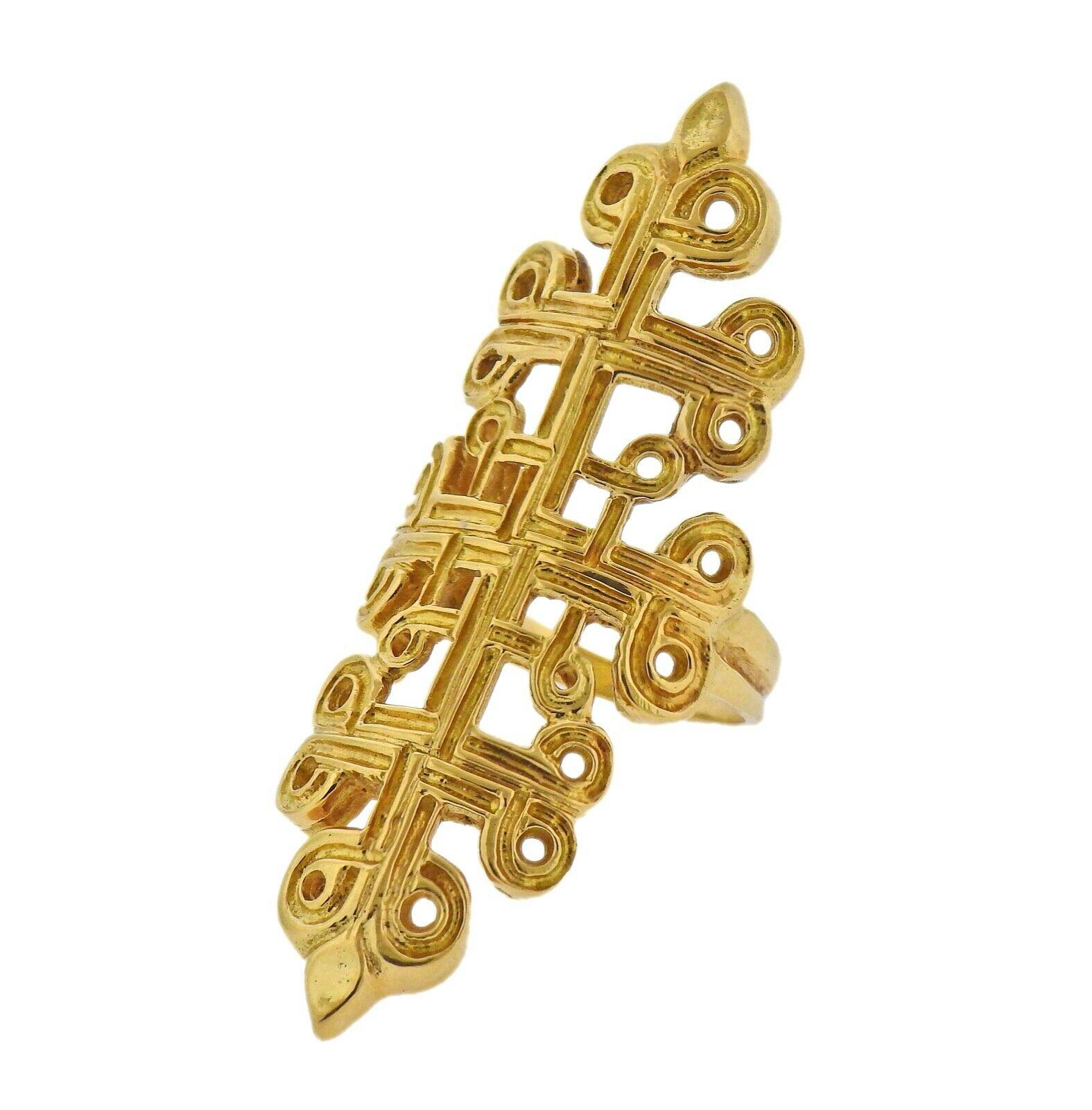 Large 18k yellow gold Byzantine ring by Greek designer Ilias Lalaounis. Ring size - 7.25, ring top - 53mm x 21mm.  Weight - 13.9 grams. Marked: Lalaounis, A21, Maker's mark, 750.