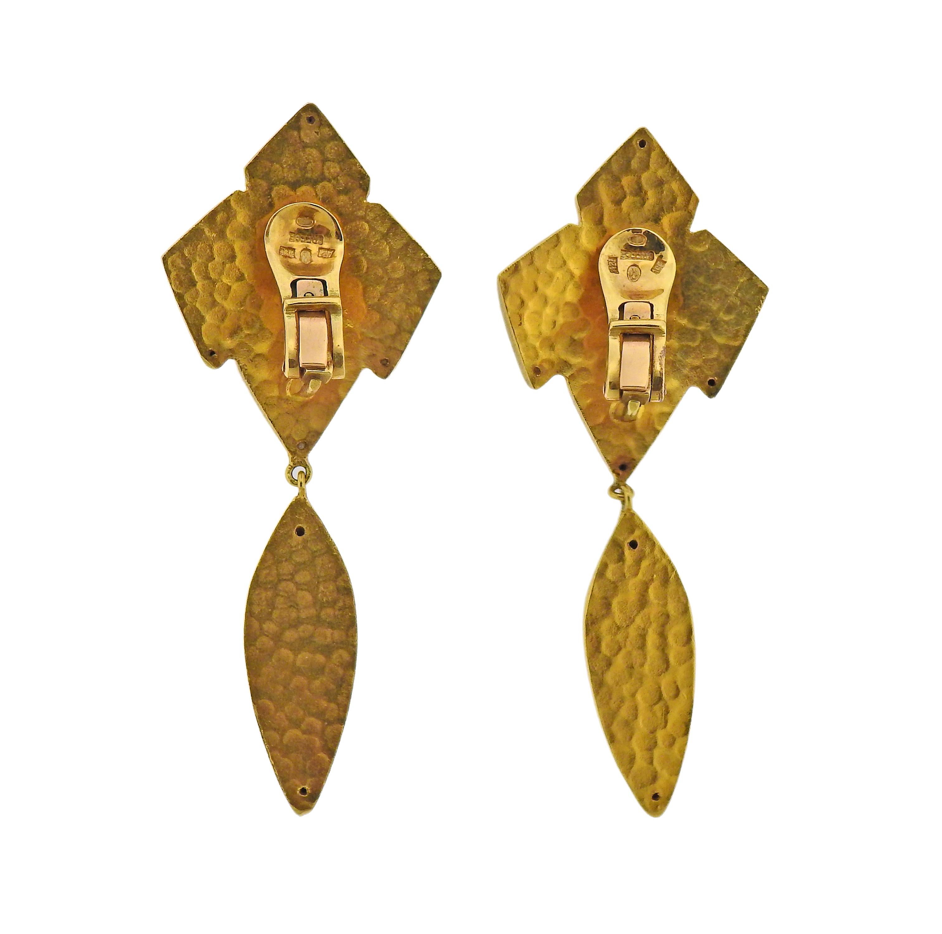 Pair of 18k yellow gold drop earrings by Greek designer Ilias Lalaounis. Earrings are 65mm x 25mm. Marked: 750, Make's mark, A21, Greece. weight - 24.8 grams.