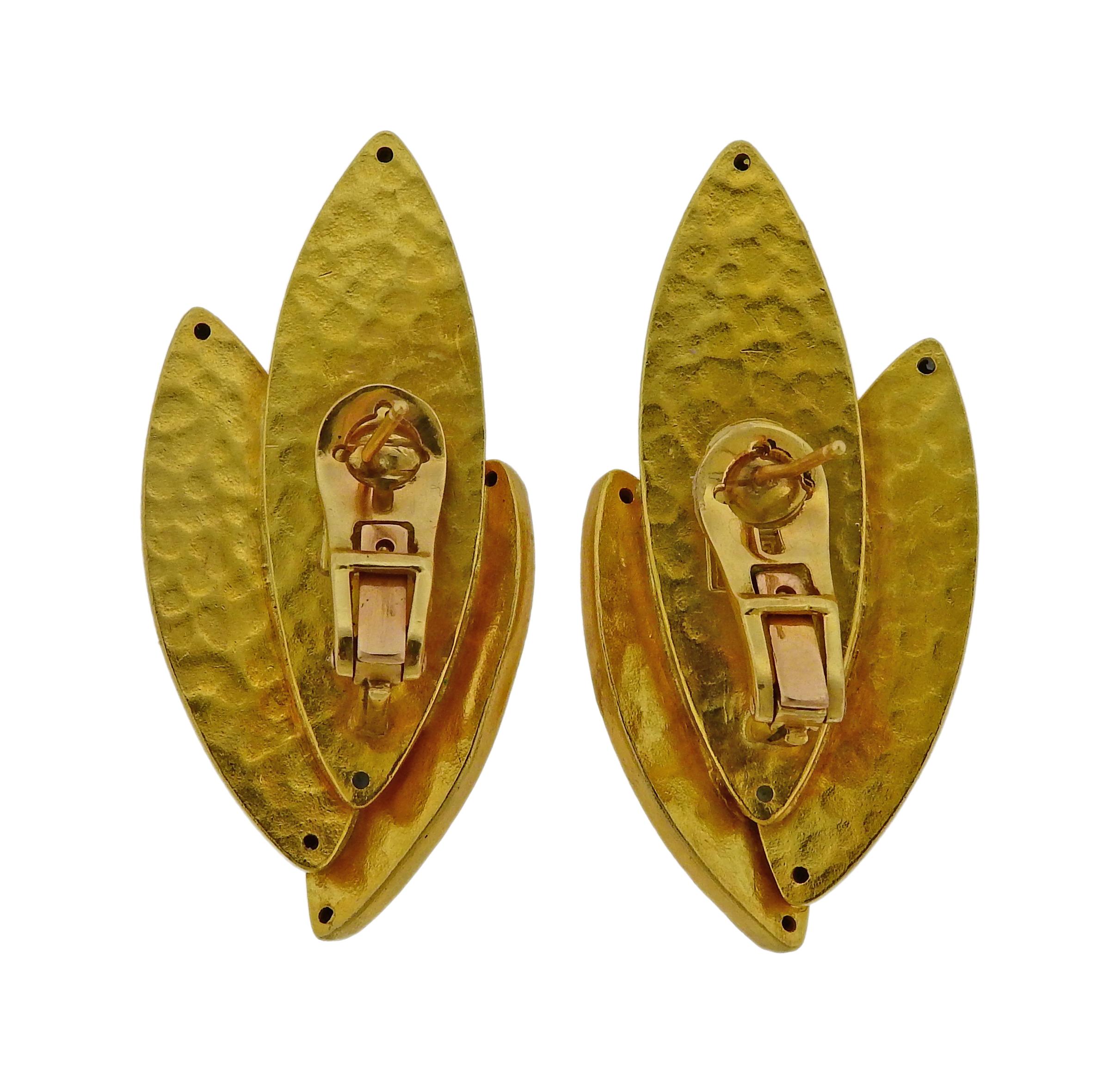 Lalaounis Greece Gold Leaf Earrings In Excellent Condition In Lambertville, NJ