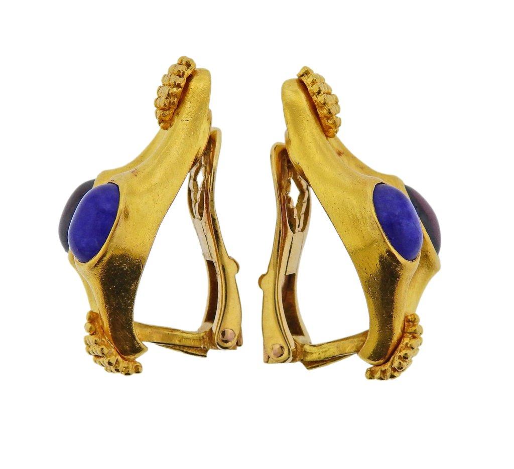 Pair of 18k yellow gold earrings by Greek designer Ilias Lalaounis, set with pink tourmaline and lapis. Earrings are 30mm x 15mm. Weight is 19.8 grams. Marked A21, Lalaounis mark, 750, Greece. 