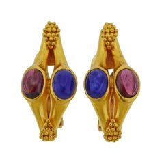 Lalaounis Greece Gold Tourmaline Sapphire Earrings