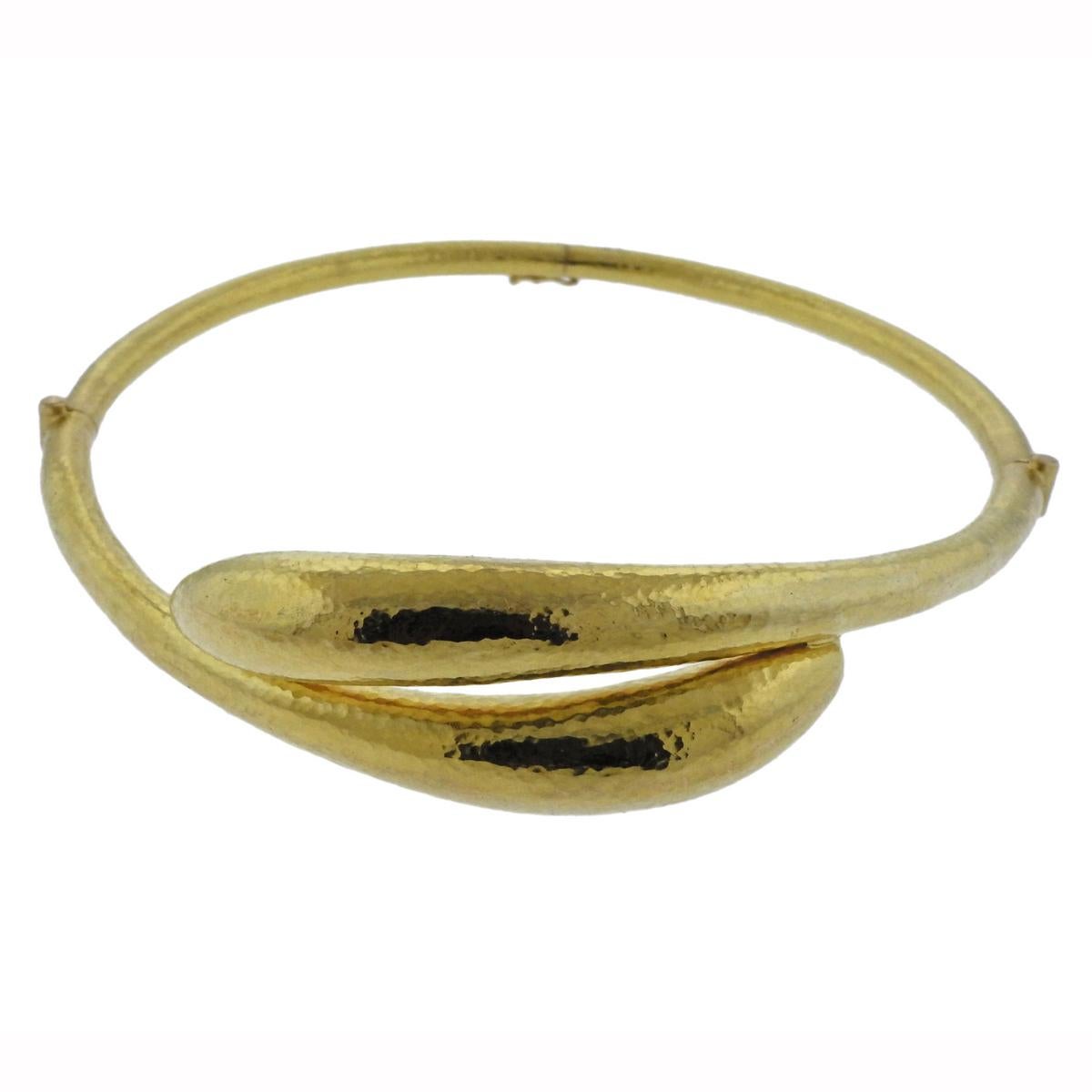 18k yellow hammered gold collar necklace, crafted by Greek designer Ilias Lalaounis. Necklace will comfortably fit an average size neck, approx. 14