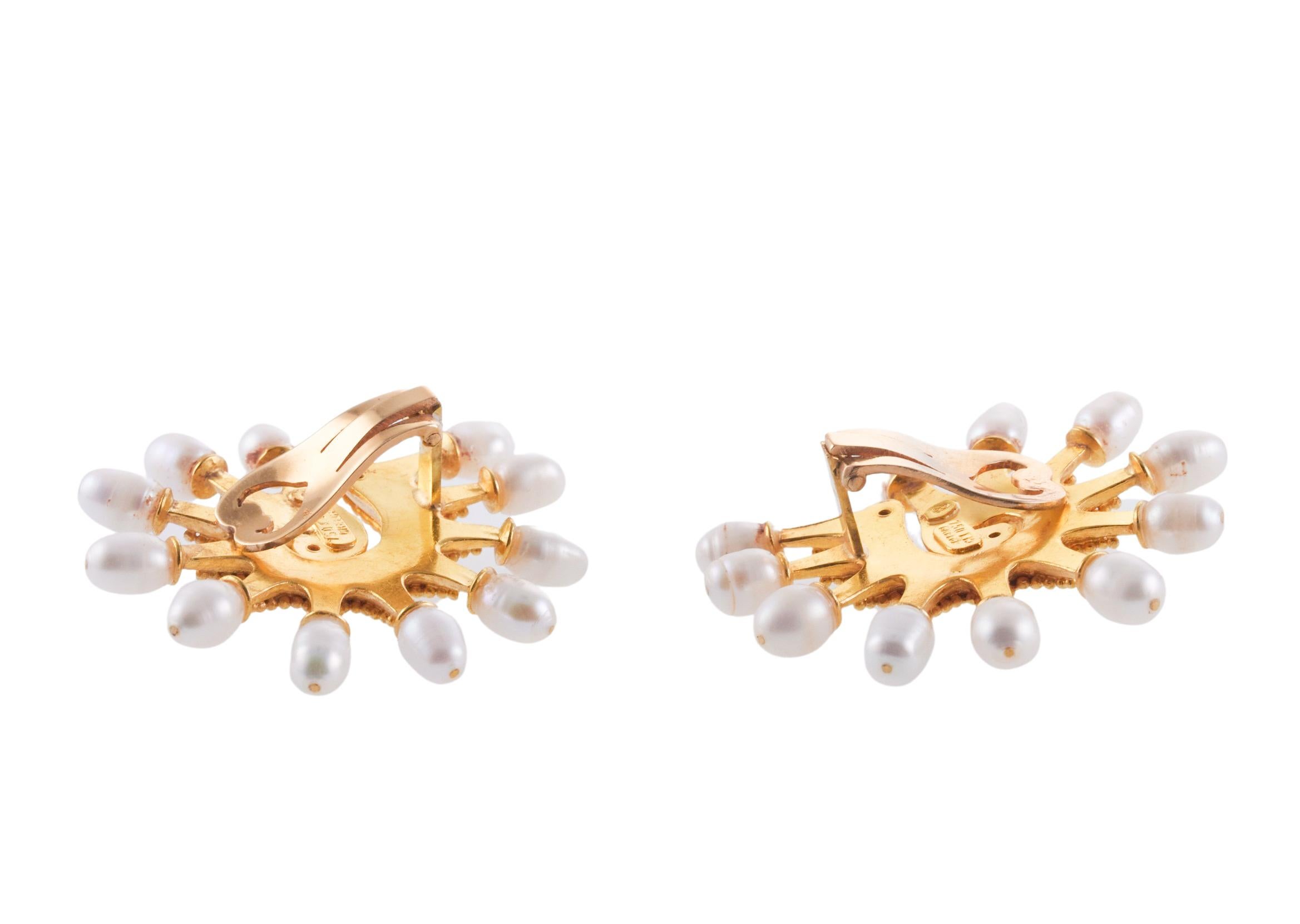 Lalaounis Greece Pearl Gold Swirl Earrings For Sale 1