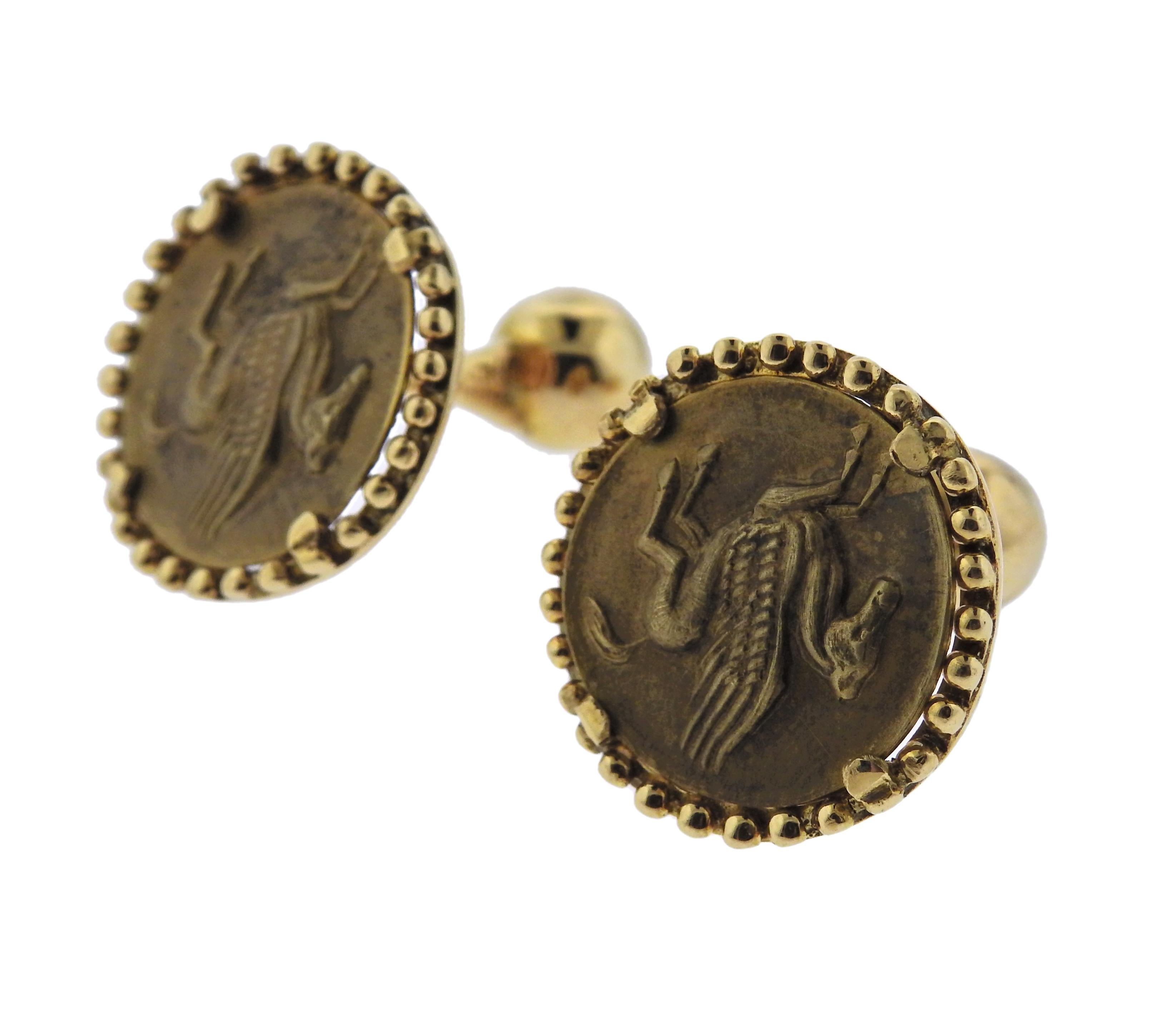 Large 18k gold Pegasus cufflinks, crafted by Greek designer Ilias Lalaounis. Come with COA paper. Cufflink top is 23mm in diameter, weigh 17.9 grams. Marked:  Ilias Lalaounis Greece 750.