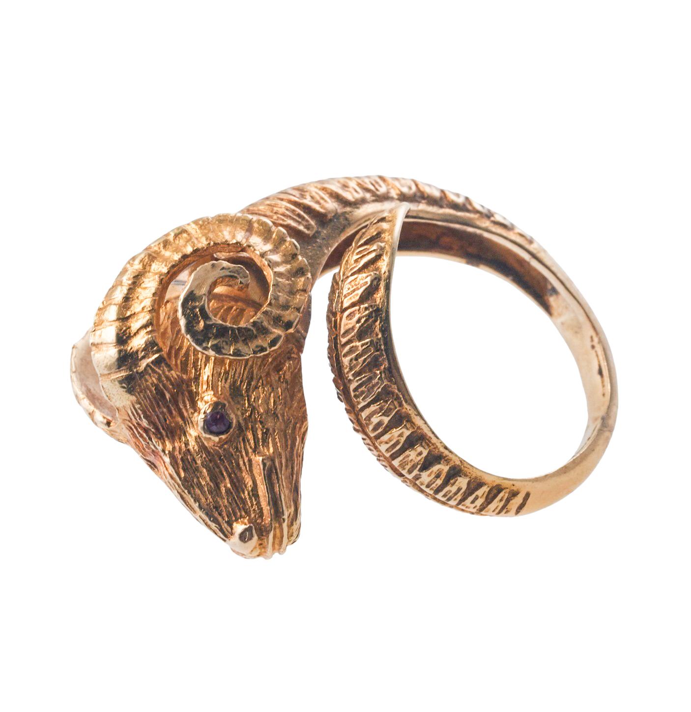 Women's or Men's Lalaounis Greece Ruby Gold Ram's Head Ring For Sale