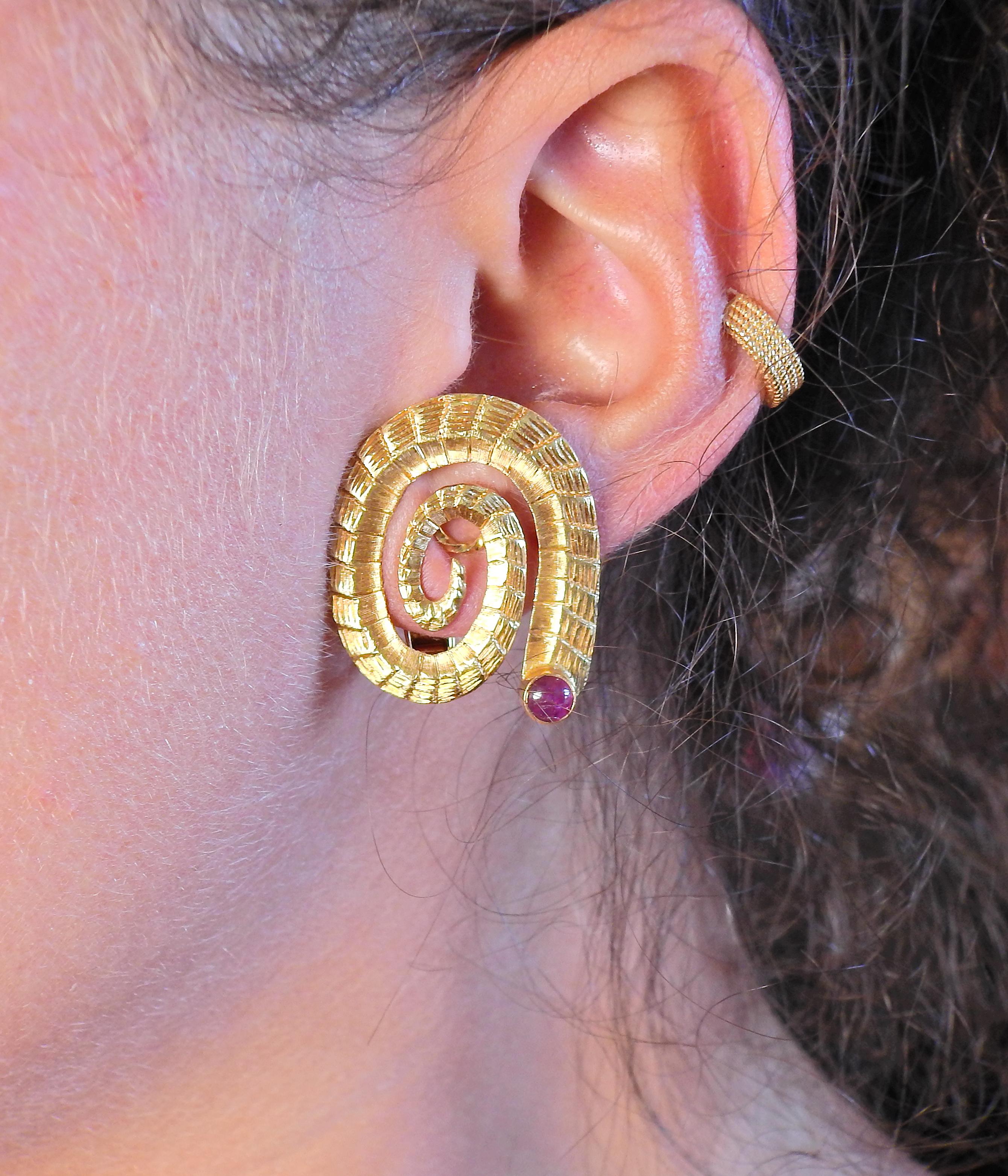 Cabochon Lalaounis Greece Ruby Gold Swirl Earrings For Sale