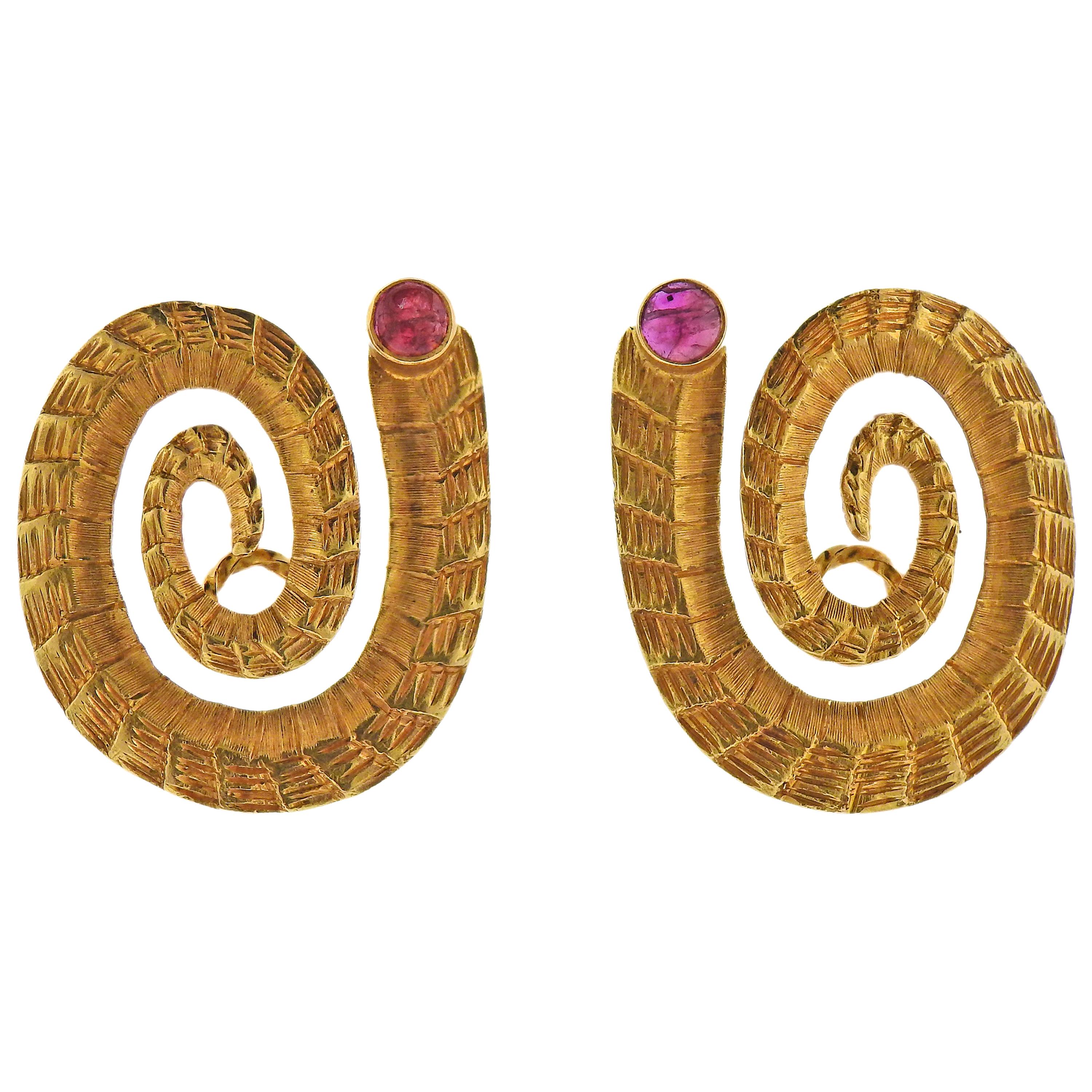 Lalaounis Greece Ruby Gold Swirl Earrings For Sale