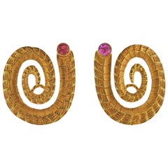 Vintage Lalaounis Greece Ruby Gold Swirl Earrings