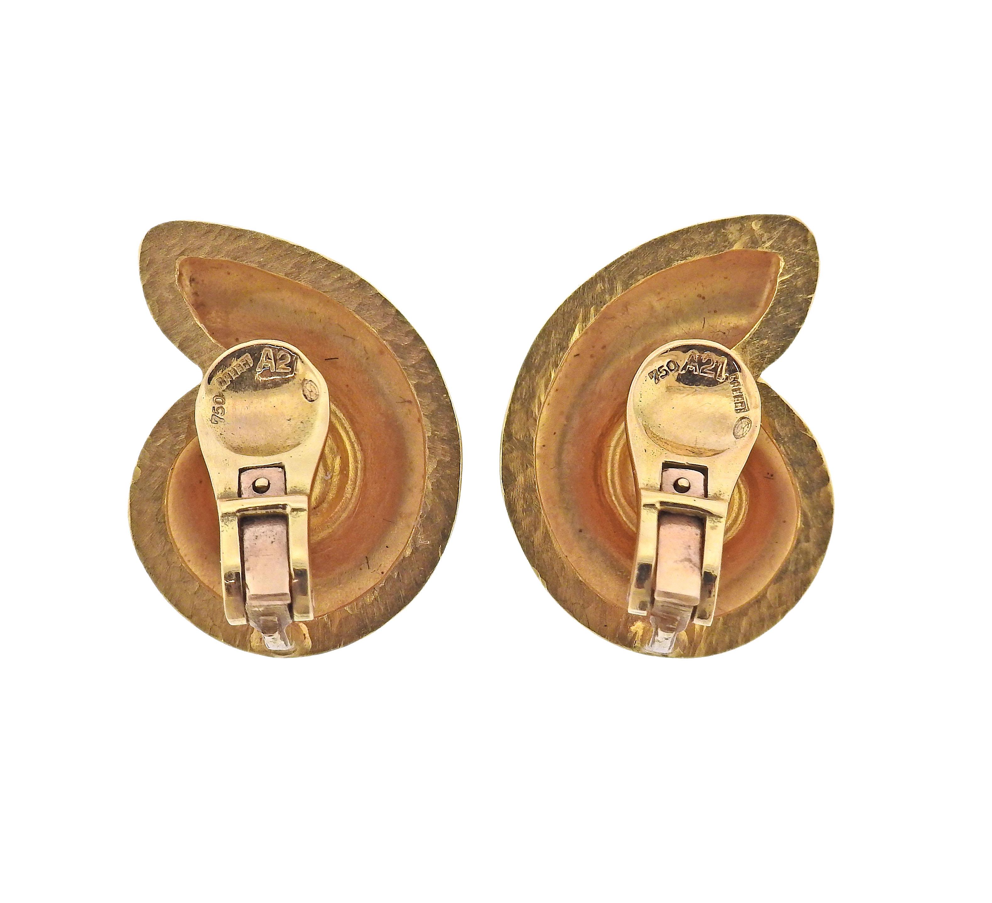 Pair of Ilias Lalounis 18k gold swirl motif earrings. Earrings are 25mm x 20mm. Marked:  A21, 750, Lalaounis mark. Weight 12 grams.