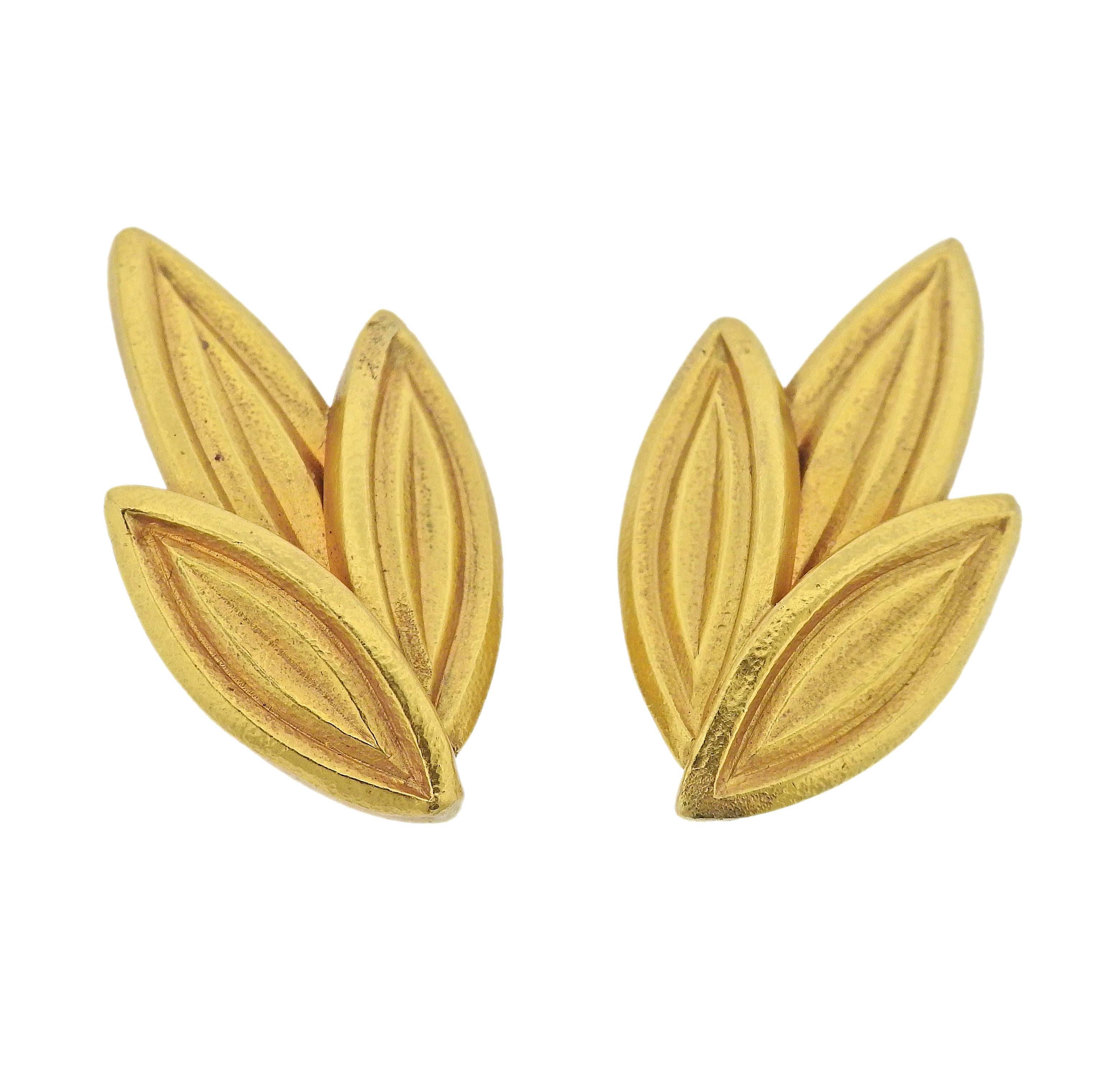 Pair of 18k yellow gold leaf motif earrings, by Greek designer Ilias Lalaounis. Earrings are 1.75