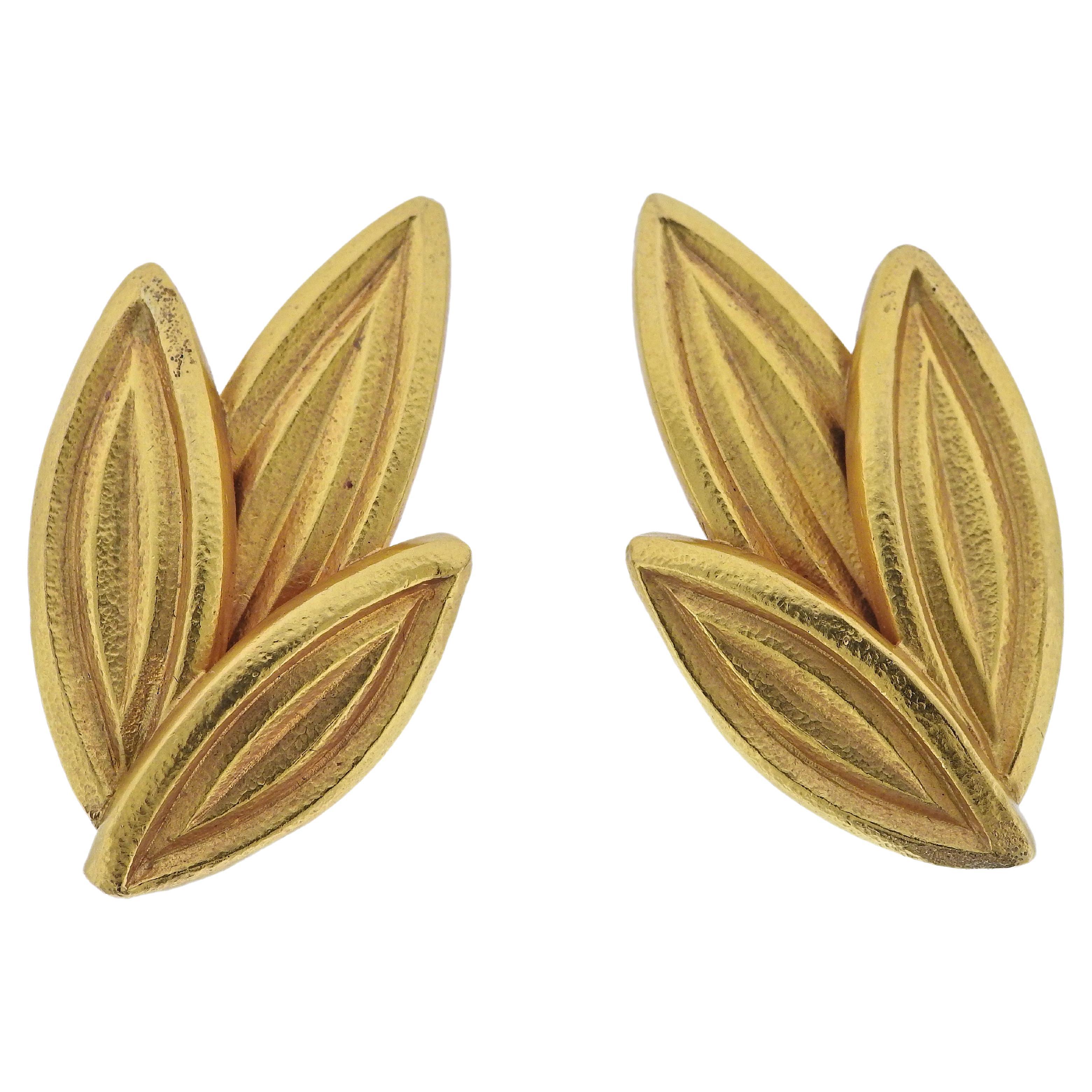 Lalaounis Greece Yellow Gold Leaf Earrings