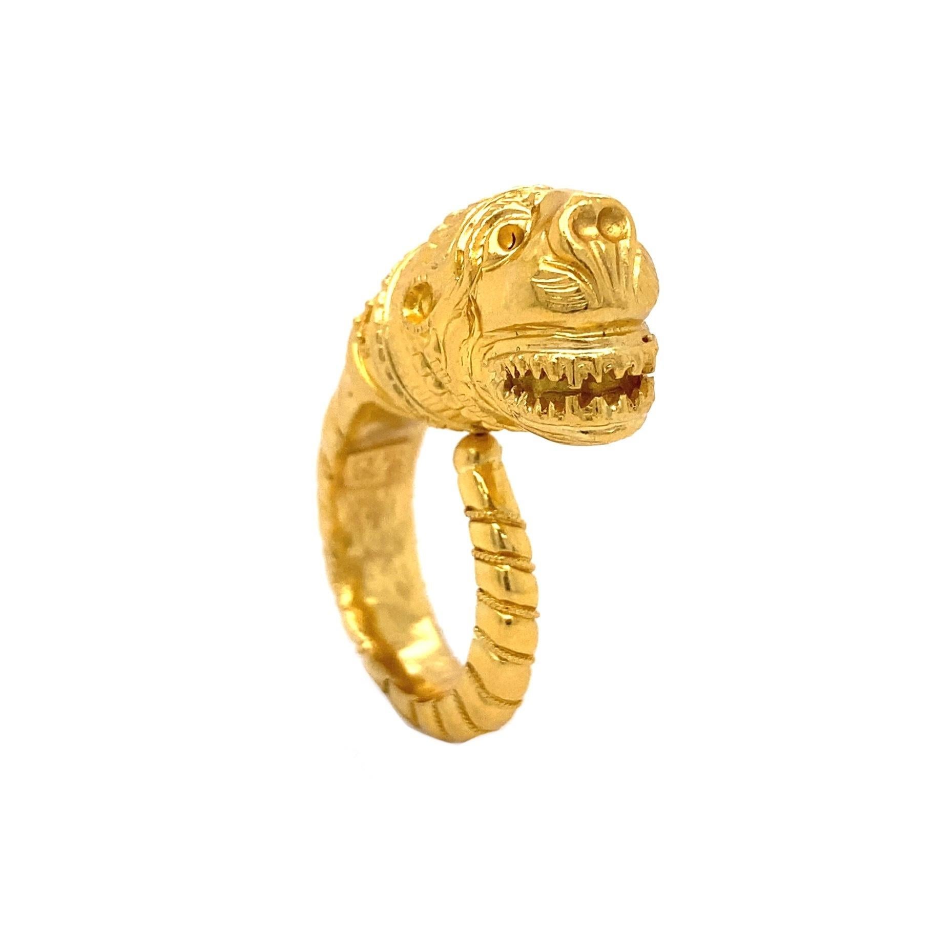 Contemporary Lalaounis Iconic Ornate Dragon Gold Ring Estate Fine Jewelry
