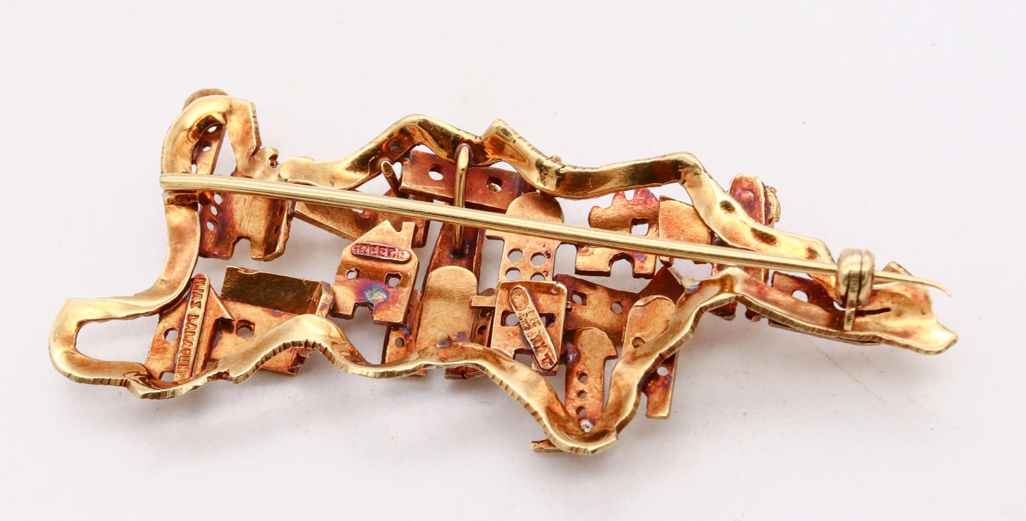 Women's Lalaounis Ilias 1970 Greece Vintage Pictorial Village Brooch in 18kt Yellow Gold