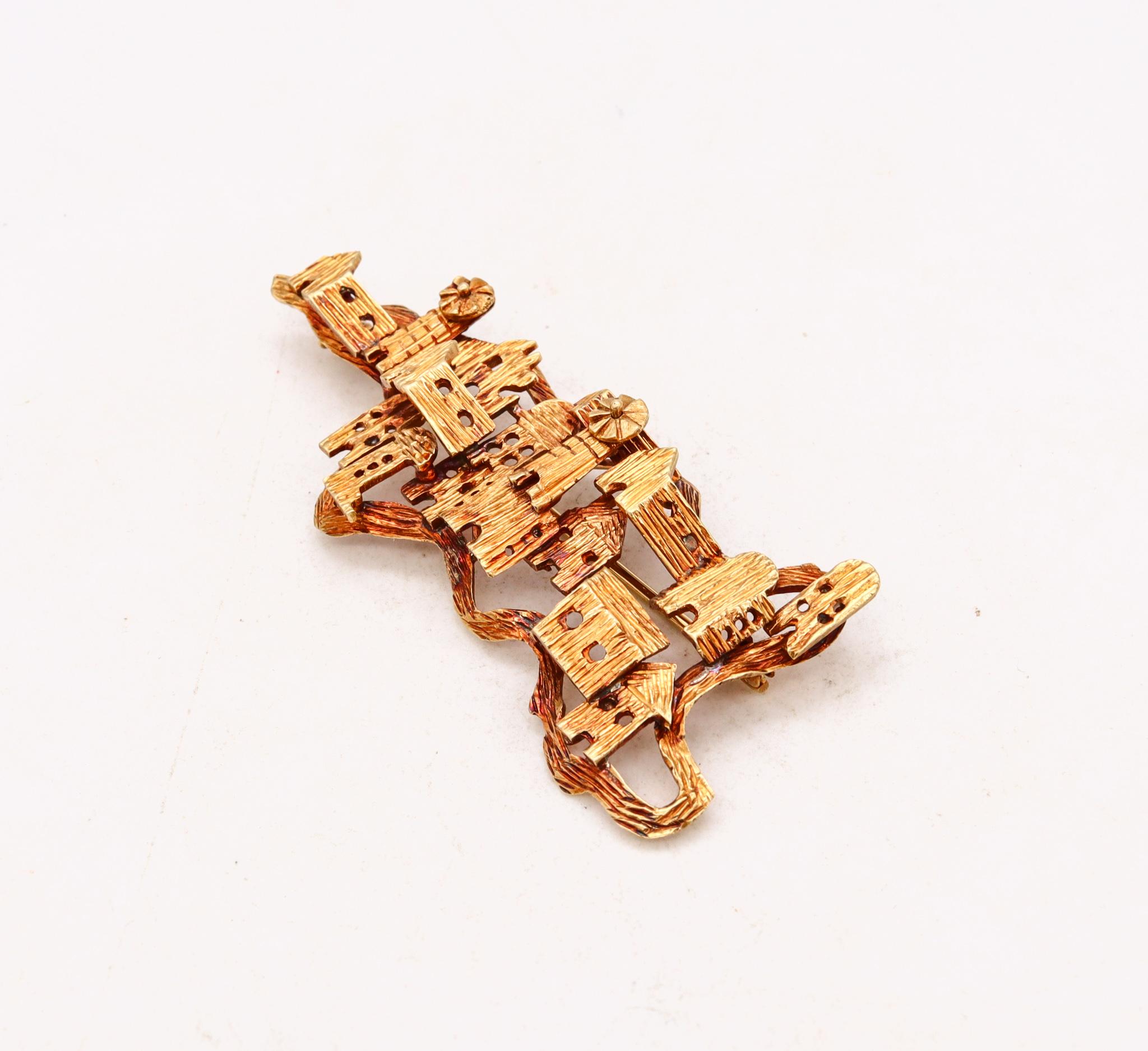 Lalaounis Ilias 1970 Greece Vintage Pictorial Village Brooch in 18kt Yellow Gold 1
