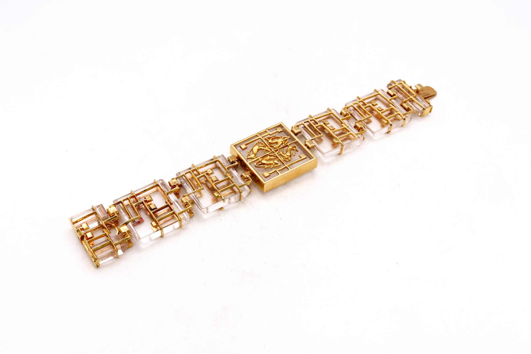 Neoclassical Lalaounis Ilias 1970 Rare Neo-Geometric Bracelet 18Kt Gold Carved Rock Quartz For Sale