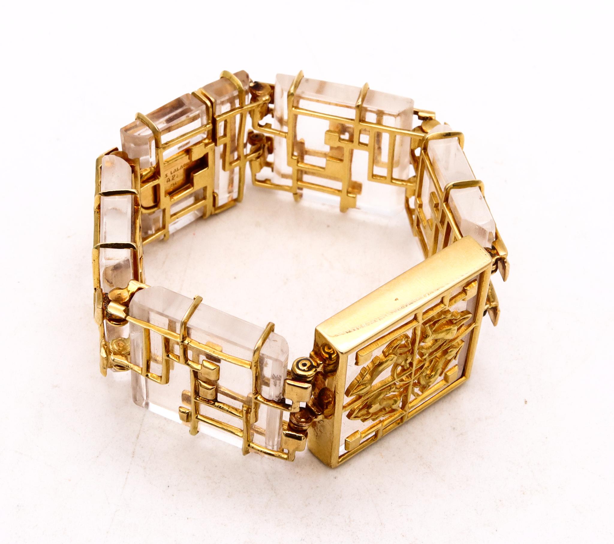Square Cut Lalaounis Ilias 1970 Rare Neo-Geometric Bracelet 18Kt Gold Carved Rock Quartz For Sale