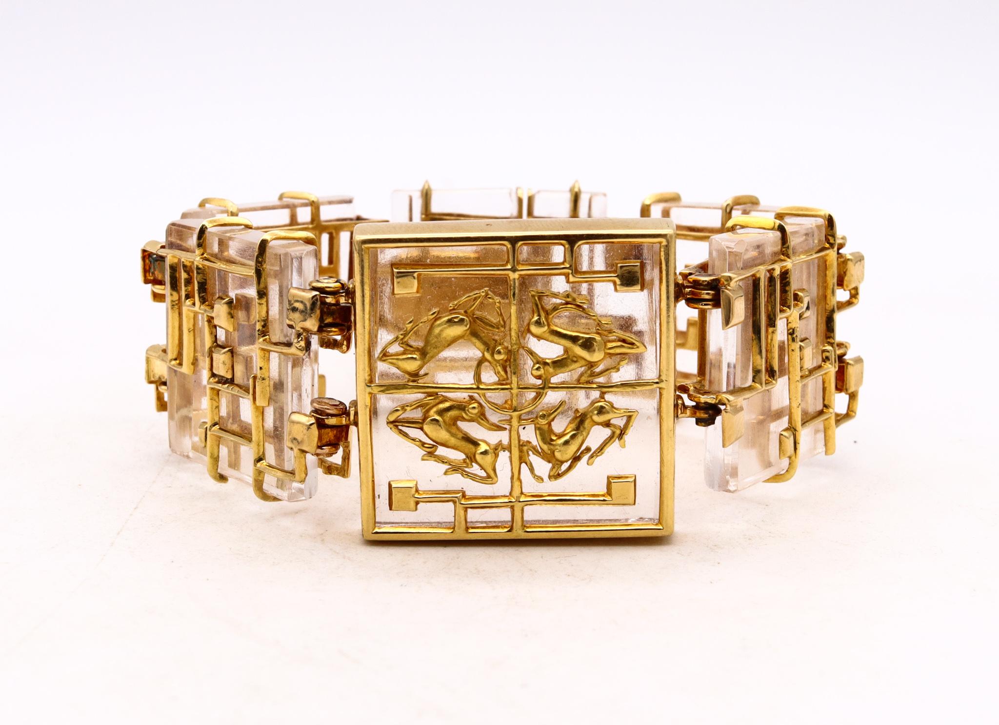 Women's or Men's Lalaounis Ilias 1970 Rare Neo-Geometric Bracelet 18Kt Gold Carved Rock Quartz
