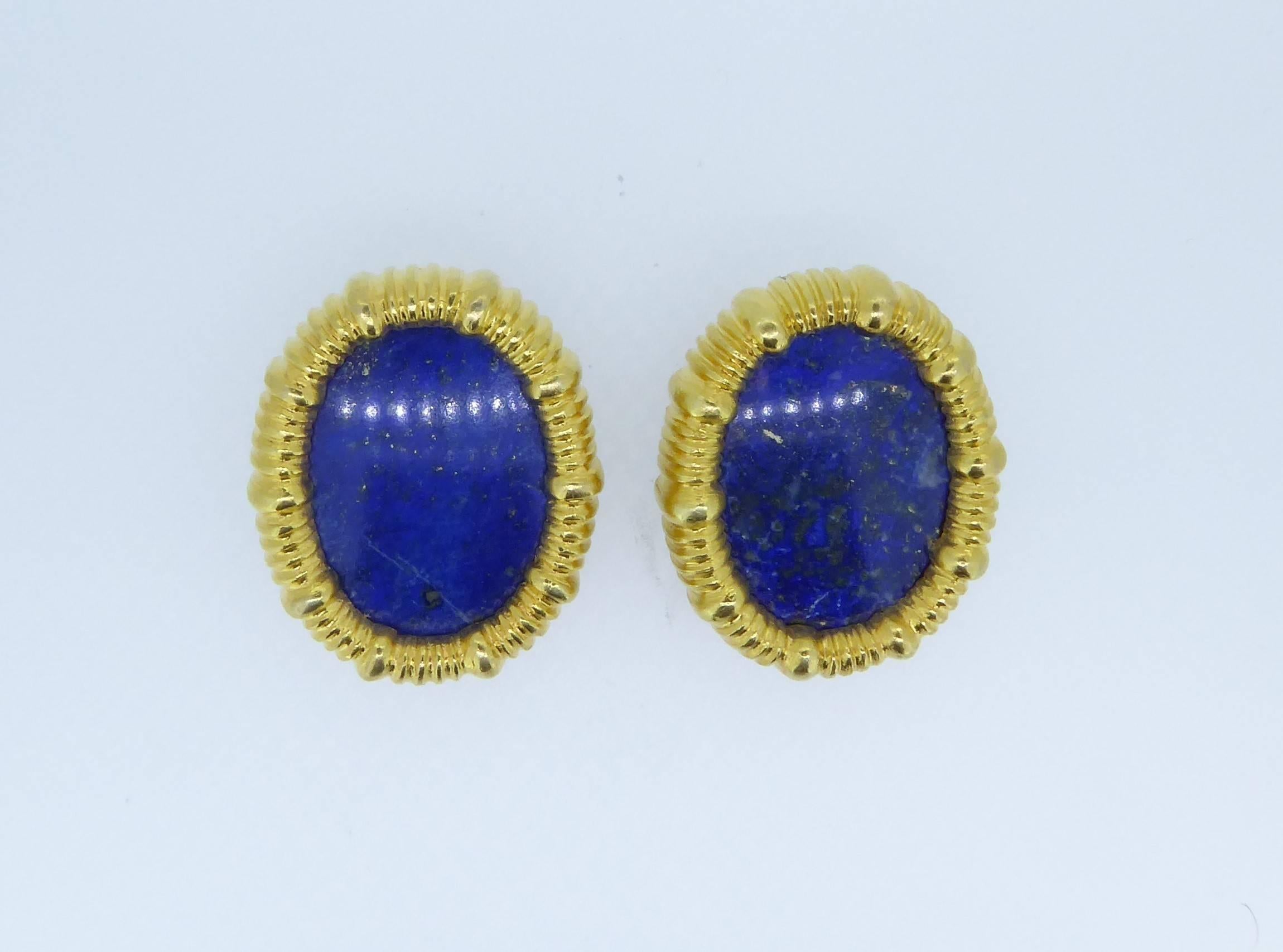 Oval Cut Lalaounis Lapis Lazuli and 18 Carat Yellow Gold Oval Ear Clips