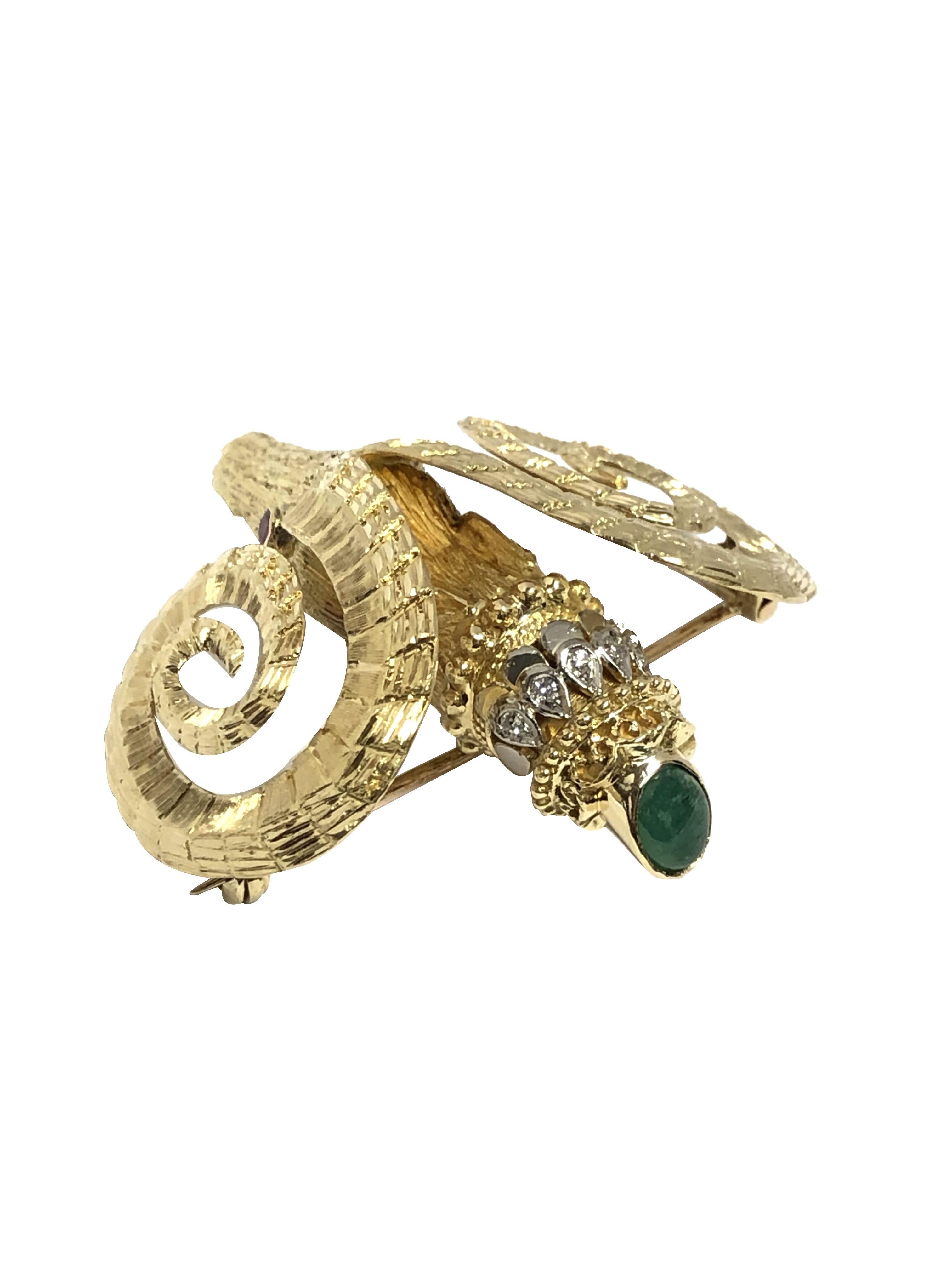 Round Cut Lalaounis Large Yellow Gold and Gem set Rams head Brooch