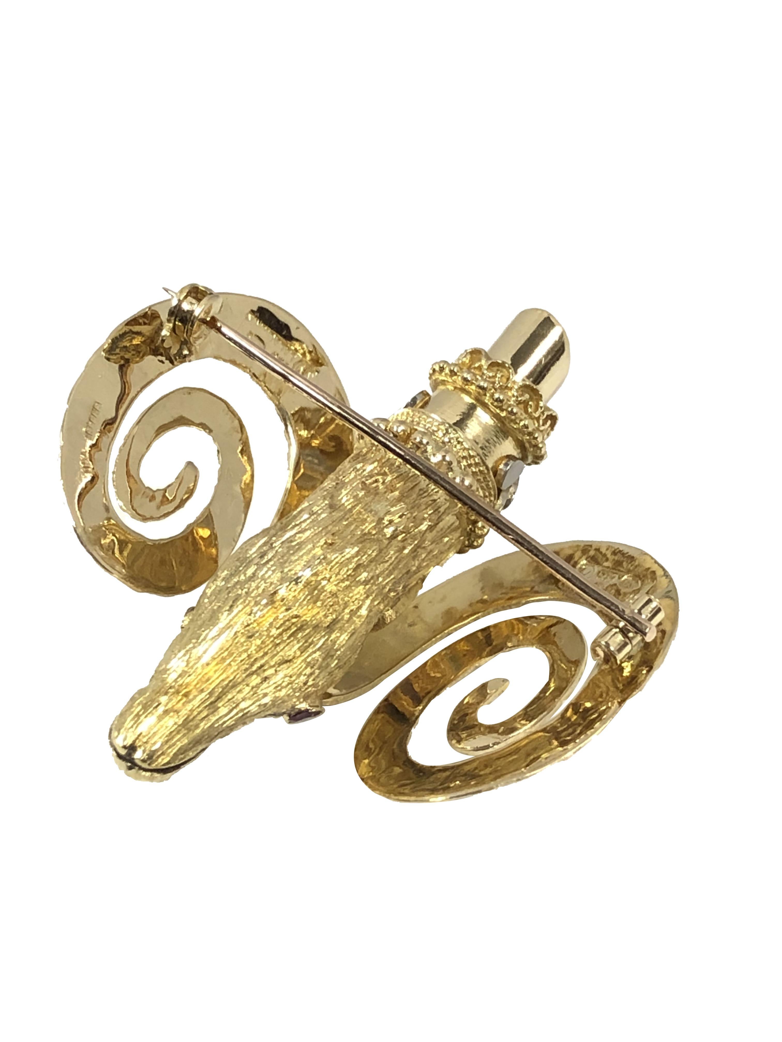 Women's or Men's Lalaounis Large Yellow Gold and Gem set Rams head Brooch