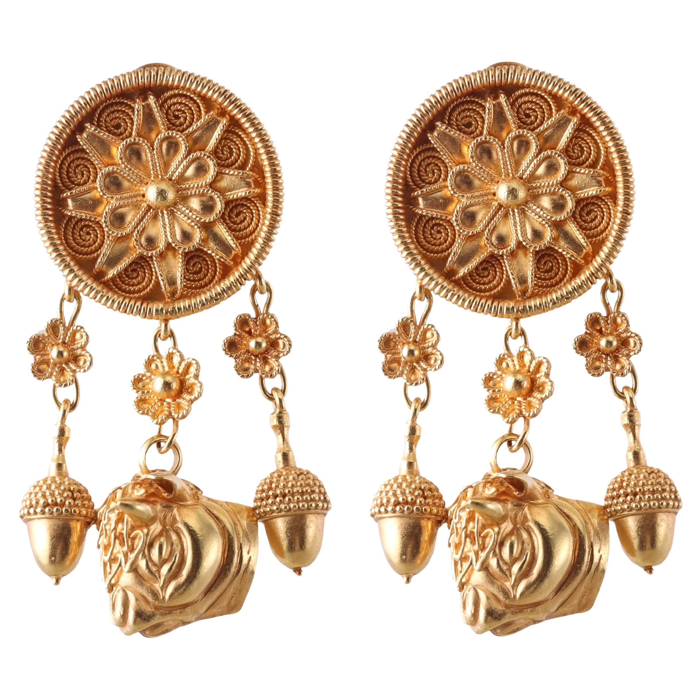 Lalaounis 22k Gold Greece Etruscan Revival Acorn Bull Earrings