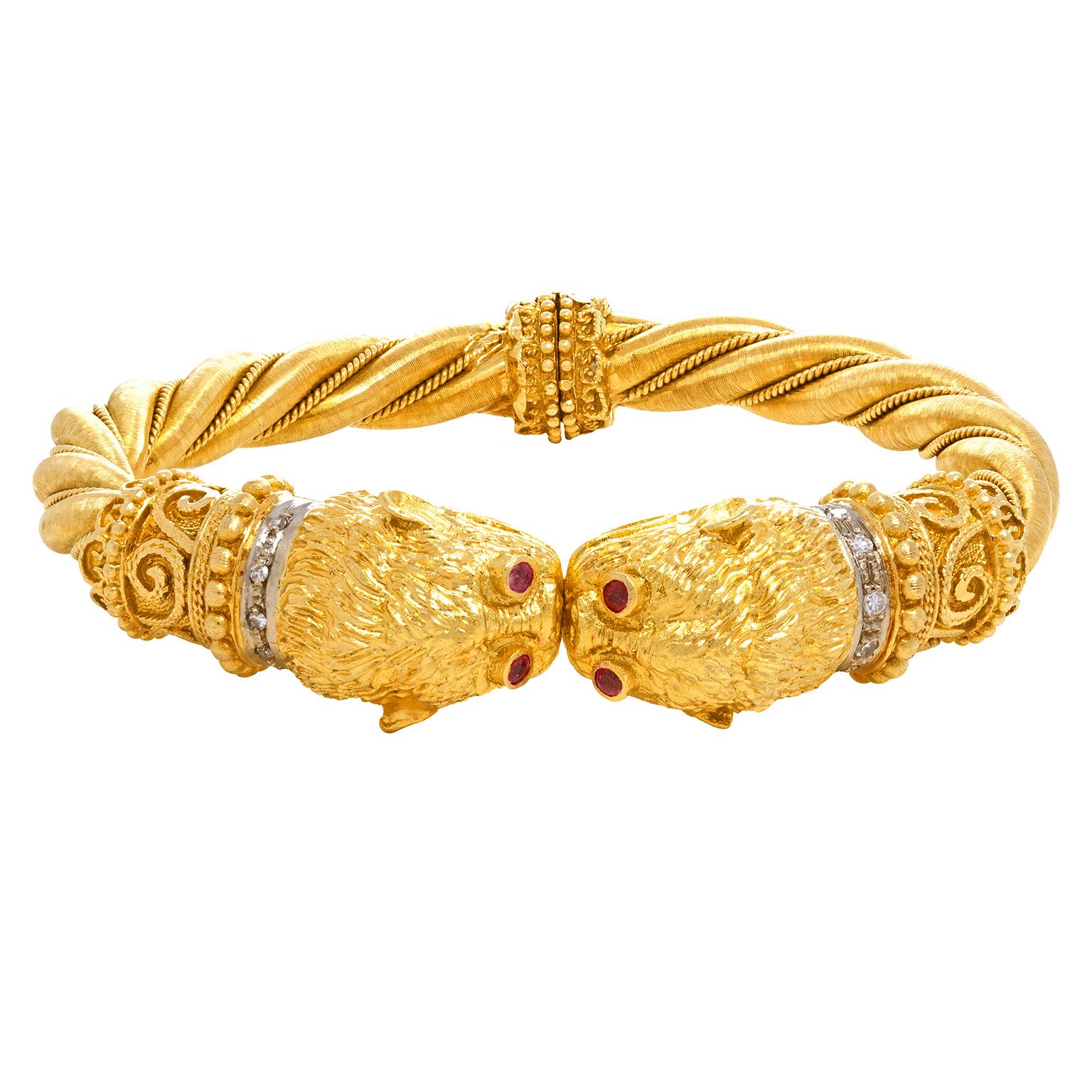Lalaounis Ruby and Diamond Lions Head Bracelet For Sale 5