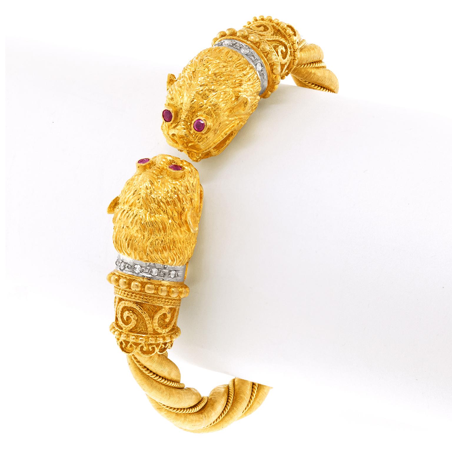 Round Cut Lalaounis Ruby and Diamond Lions Head Bracelet
