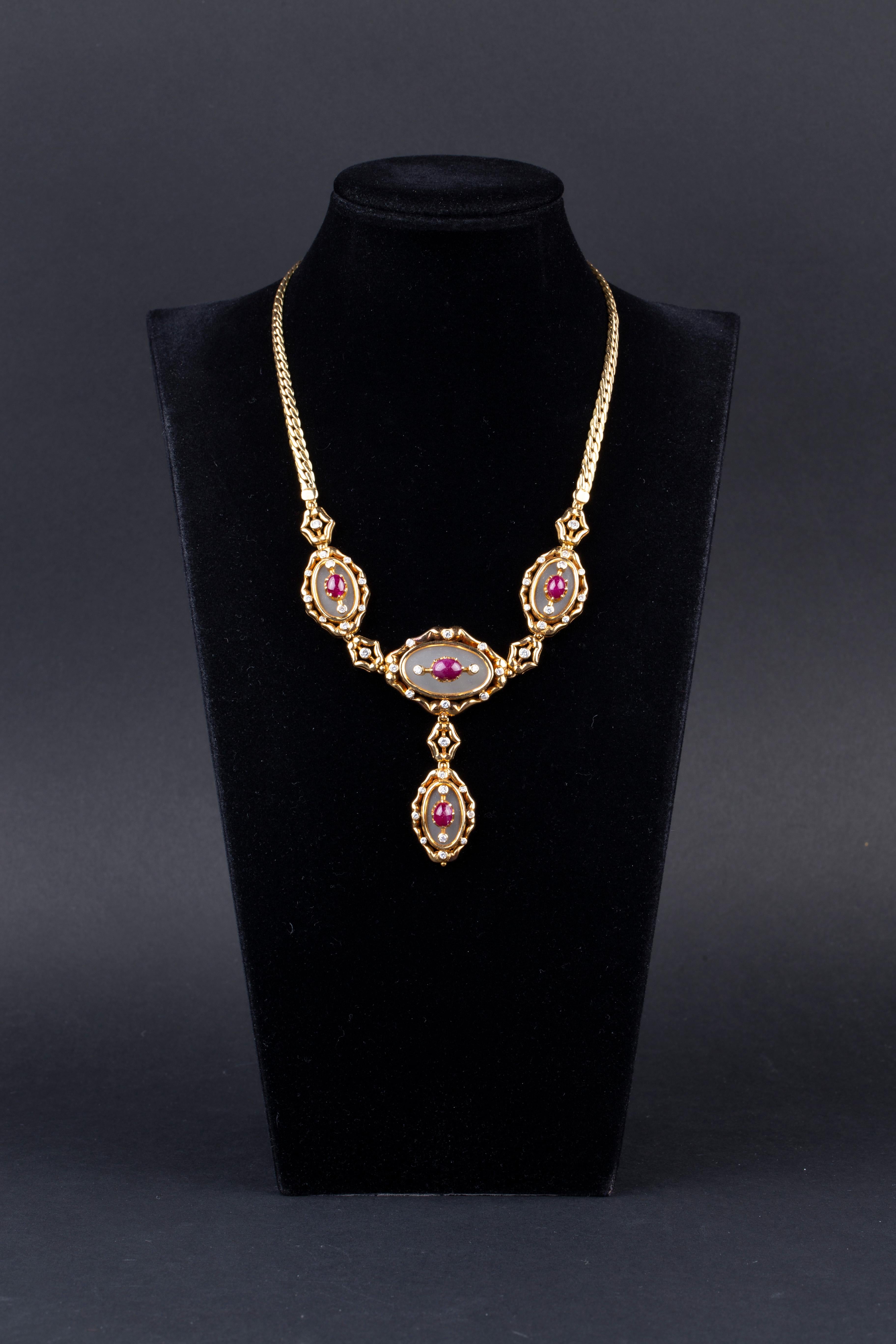 Women's Lalaounis Ruby Cabochon and Rock Crystal 18k Gold Necklace & Earclips For Sale