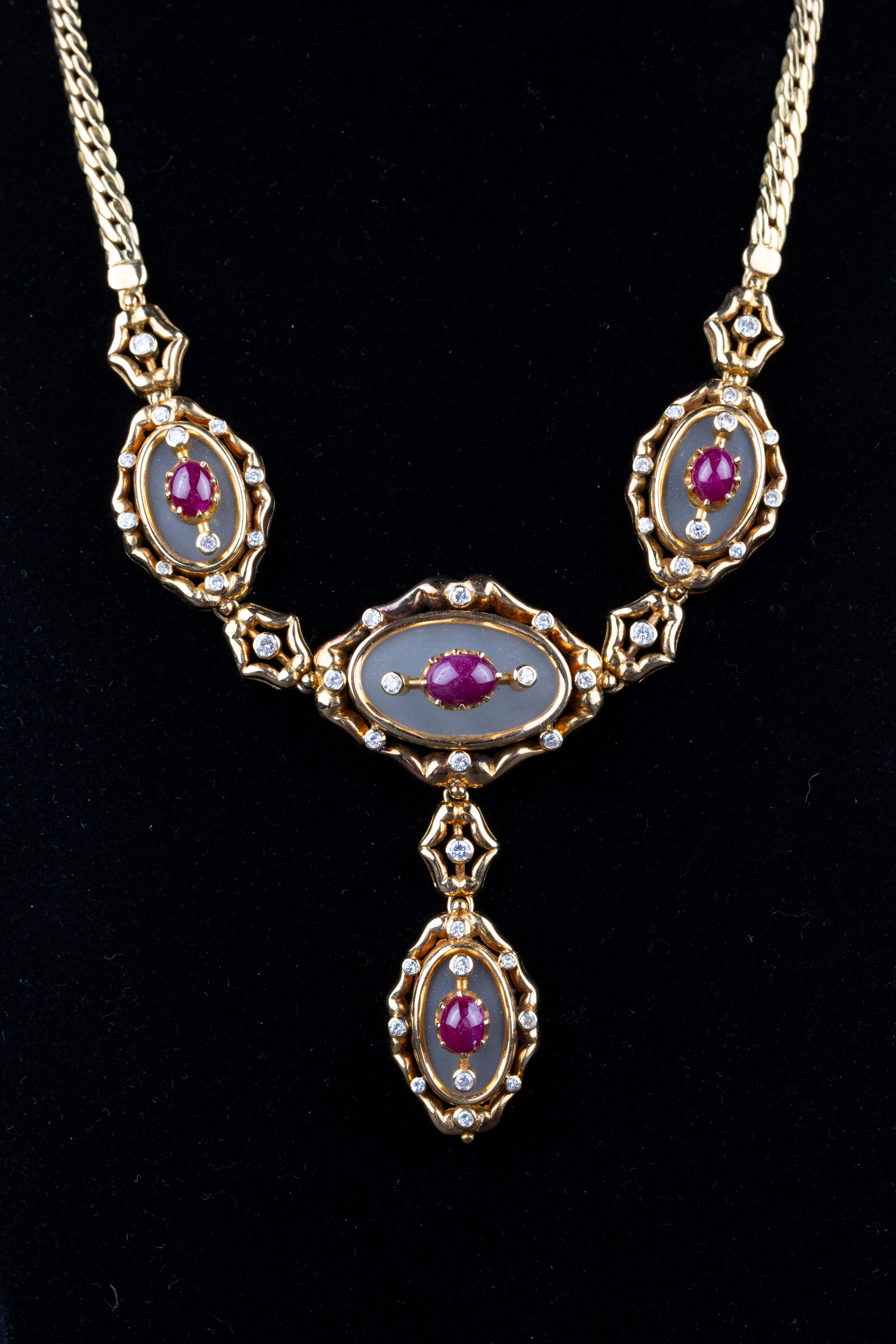 Lalaounis Ruby Cabochon and Rock Crystal 18k Gold Necklace & Earclips For Sale 1