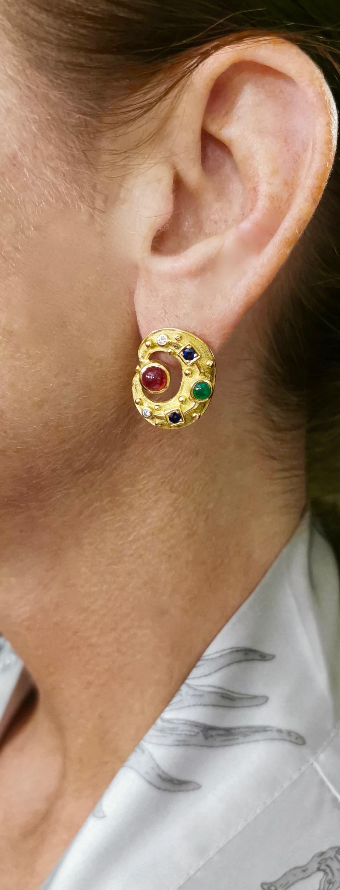 Women's Lalaounis Ruby Emerald Sapphire Yellow Gold Earrings
