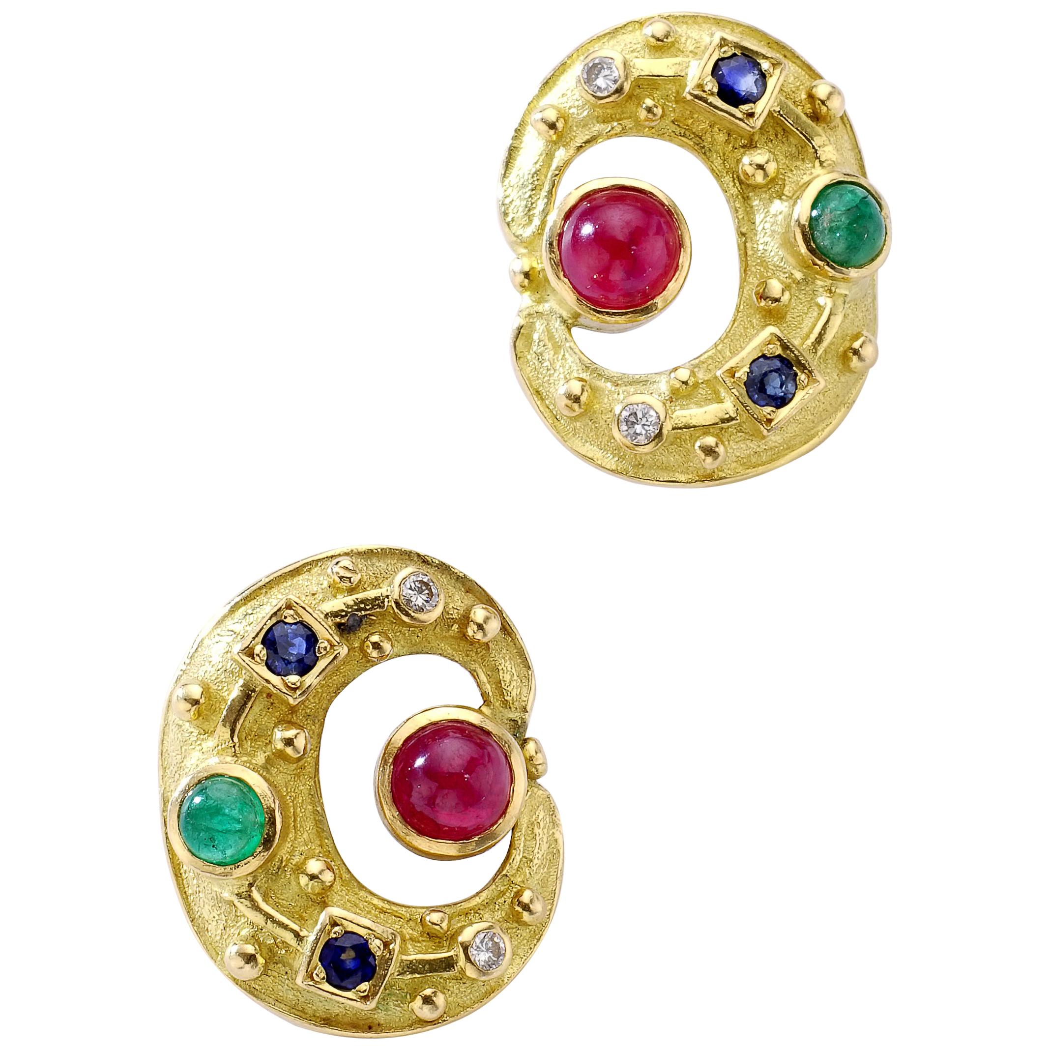 Lalaounis Ruby Emerald Sapphire Yellow Gold Earrings