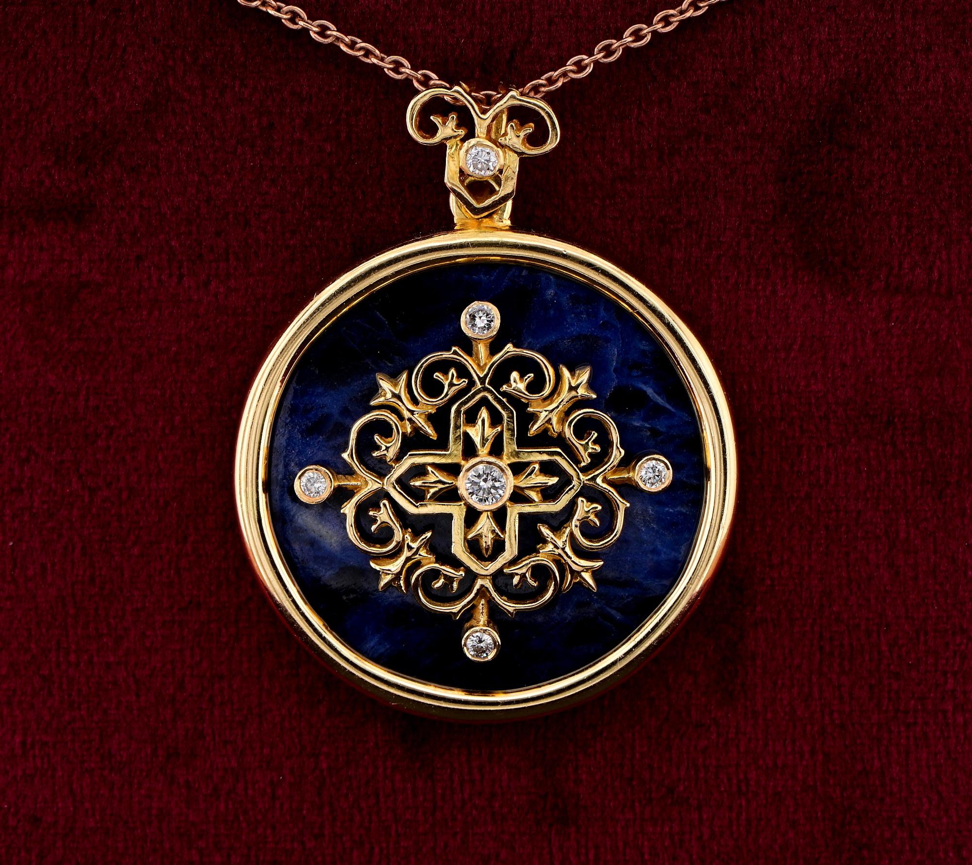 From the Mith
Ilias Lalaounis outstanding 1970 ca large pendant from the Byzantine collection
Elegant dynamic design evoking the ancient jewelry treasures as favorite theme by Lalaouinis, this easy wear, eye catching large pendant is made by a large
