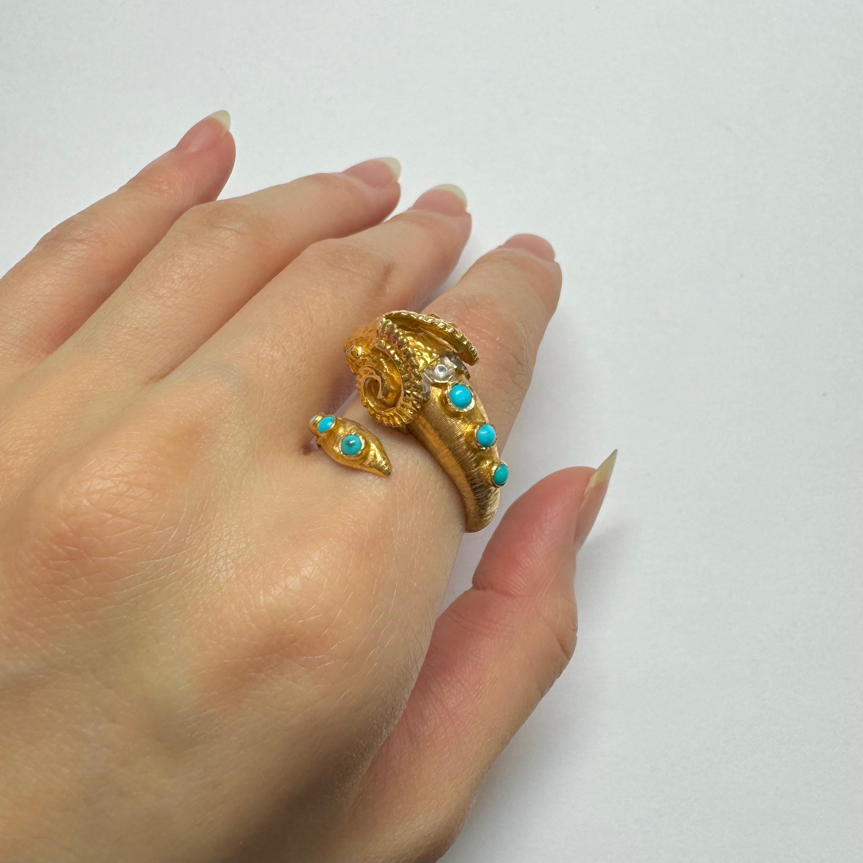 Lalaounis Style Ram's Head, Ruby, Turquoise Diamond Ring  in 18K Yellow Gold For Sale 6