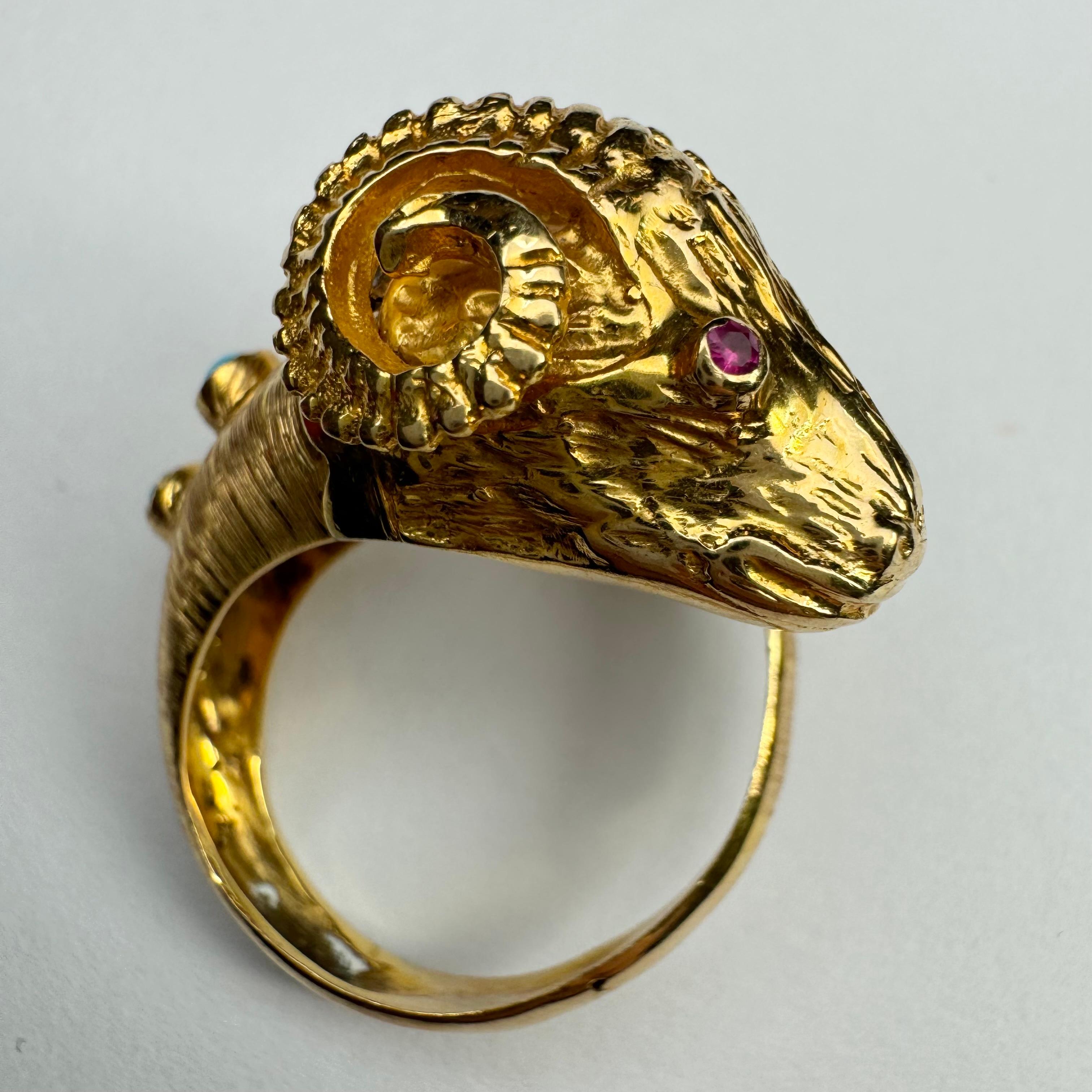 Cabochon Lalaounis Style Ram's Head, Ruby, Turquoise Diamond Ring  in 18K Yellow Gold For Sale
