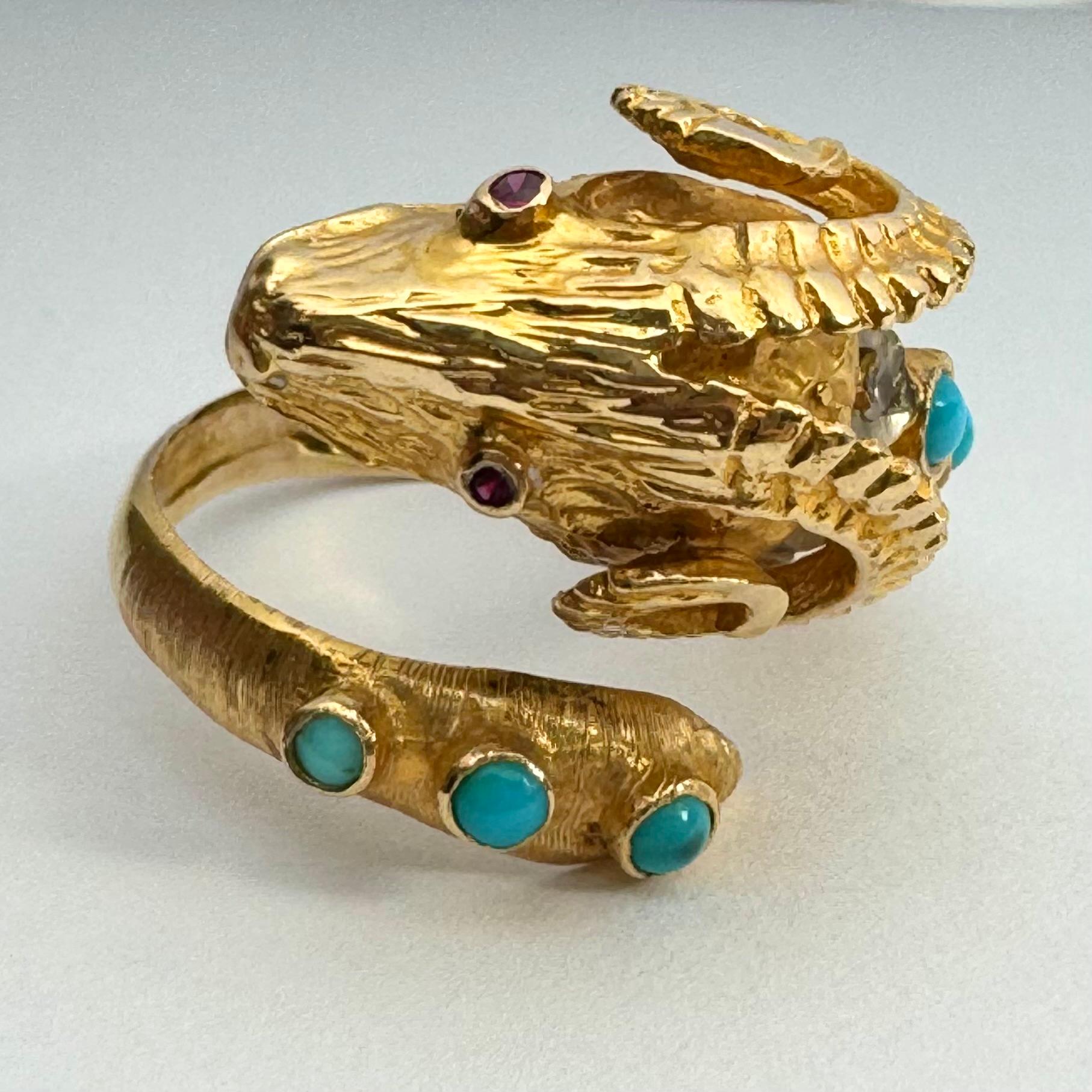 Lalaounis Style Ram's Head, Ruby, Turquoise Diamond Ring  in 18K Yellow Gold In Good Condition For Sale In New York, NY