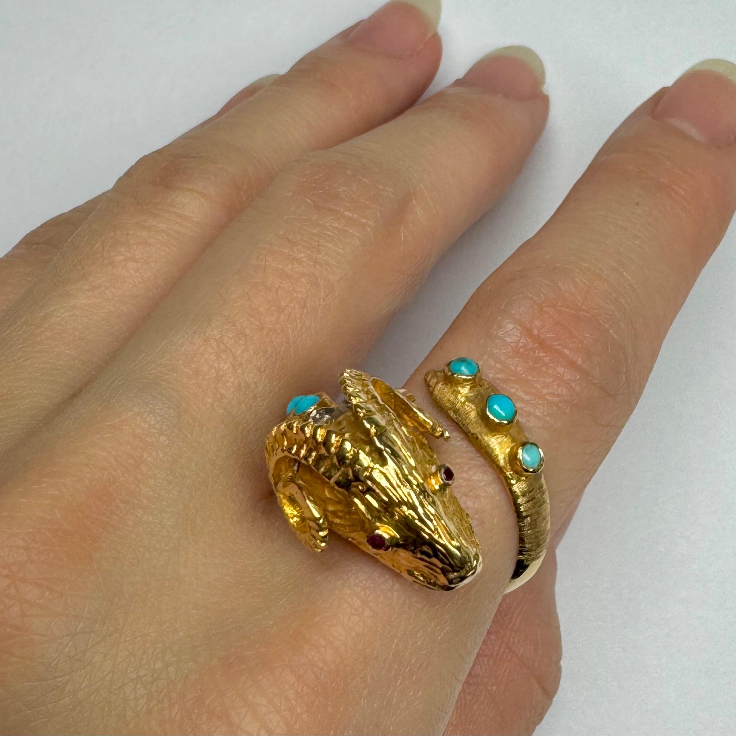 Lalaounis Style Ram's Head, Ruby, Turquoise Diamond Ring  in 18K Yellow Gold For Sale 2