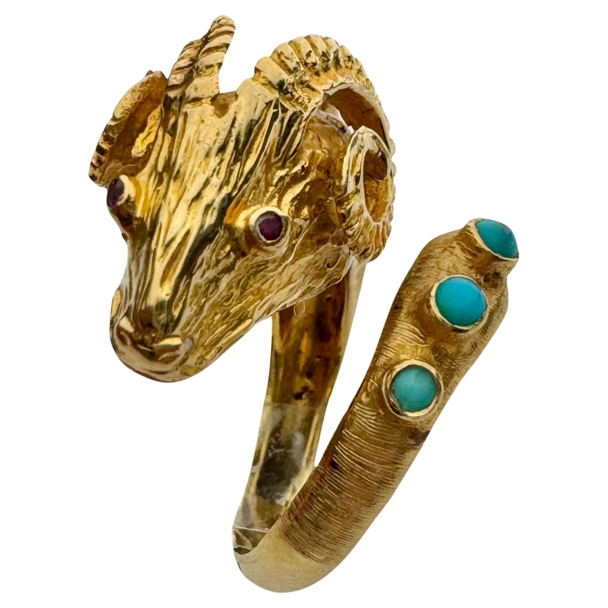 Lalaounis Style Ram's Head, Ruby, Turquoise Diamond Ring  in 18K Yellow Gold For Sale