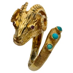 Lalaounis Style Ram's Head, Ruby, Turquoise Diamond Ring  in 18K Yellow Gold