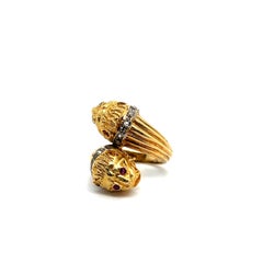 Lalaounis Two-Headed Lion Ring with Rubies & Diamonds 18 Karat Yellow Gold
